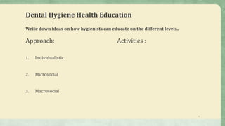 Dental Hygiene Health Education
Write down ideas on how hygienists can educate on the different levels..
Approach:
1. Individualistic
2. Microsocial
3. Macrosocial
Activities :
5
 