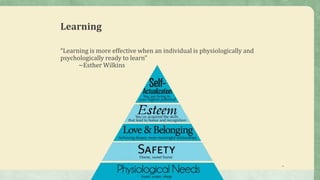 Learning
“Learning is more effective when an individual is physiologically and
psychologically ready to learn”
~Esther Wilkins
6
 