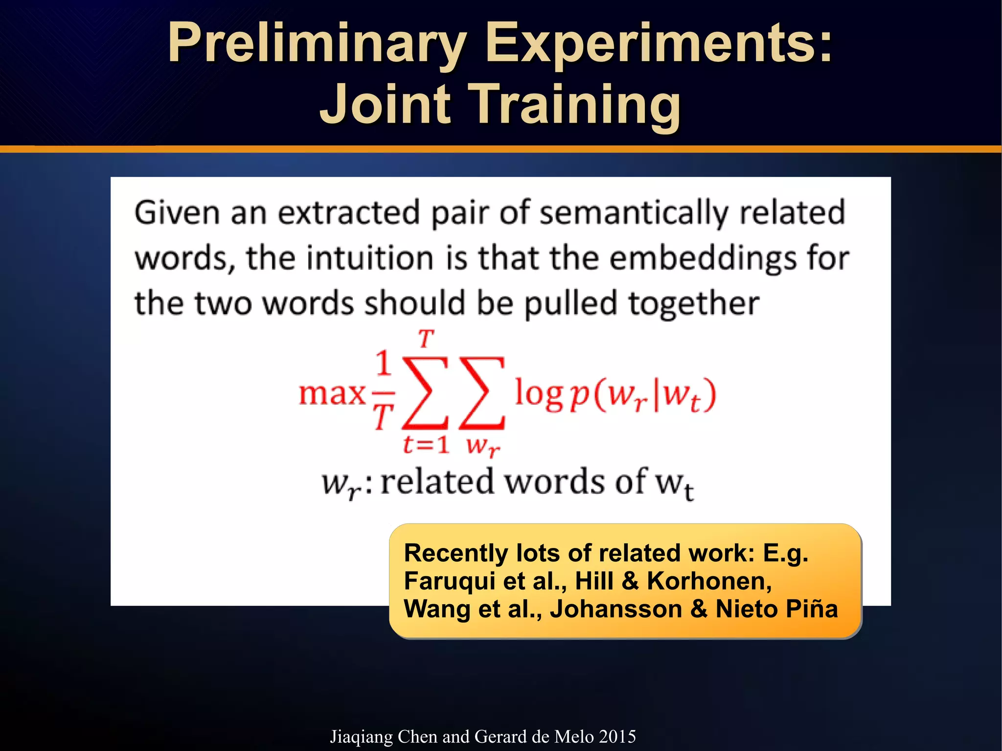Preliminary Experiments:Preliminary Experiments:
Joint TrainingJoint Training
Preliminary Experiments:Preliminary Experiments:
Joint TrainingJoint Training
Recently lots of related work: E.g.
Faruqui et al., Hill & Korhonen,
Wang et al., Johansson & Nieto Piña
Recently lots of related work: E.g.
Faruqui et al., Hill & Korhonen,
Wang et al., Johansson & Nieto Piña
Jiaqiang Chen and Gerard de Melo 2015
 