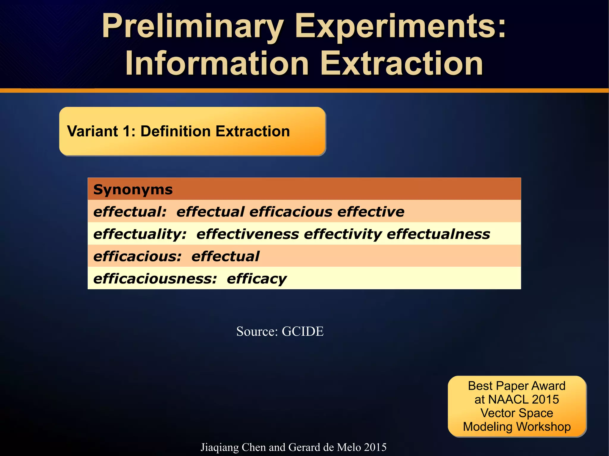 Preliminary Experiments:Preliminary Experiments:
Information ExtractionInformation Extraction
Preliminary Experiments:Preliminary Experiments:
Information ExtractionInformation Extraction
Synonyms
effectual: effectual efficacious effective
effectuality: effectiveness effectivity effectualness
efficacious: effectual
efficaciousness: efficacy
Jiaqiang Chen and Gerard de Melo 2015
Variant 1: Definition ExtractionVariant 1: Definition Extraction
Source: GCIDE
Best Paper Award
at NAACL 2015
Vector Space
Modeling Workshop
Best Paper Award
at NAACL 2015
Vector Space
Modeling Workshop
 