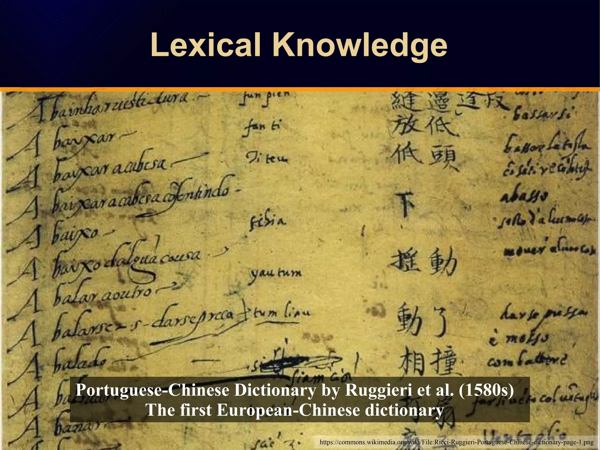 Lexical Knowledge
Portuguese-Chinese Dictionary by Ruggieri et al. (1580s)
The first European-Chinese dictionary
https://commons.wikimedia.org/wiki/File:Ricci-Ruggieri-Portuguese-Chinese-dictionary-page-1.png
 