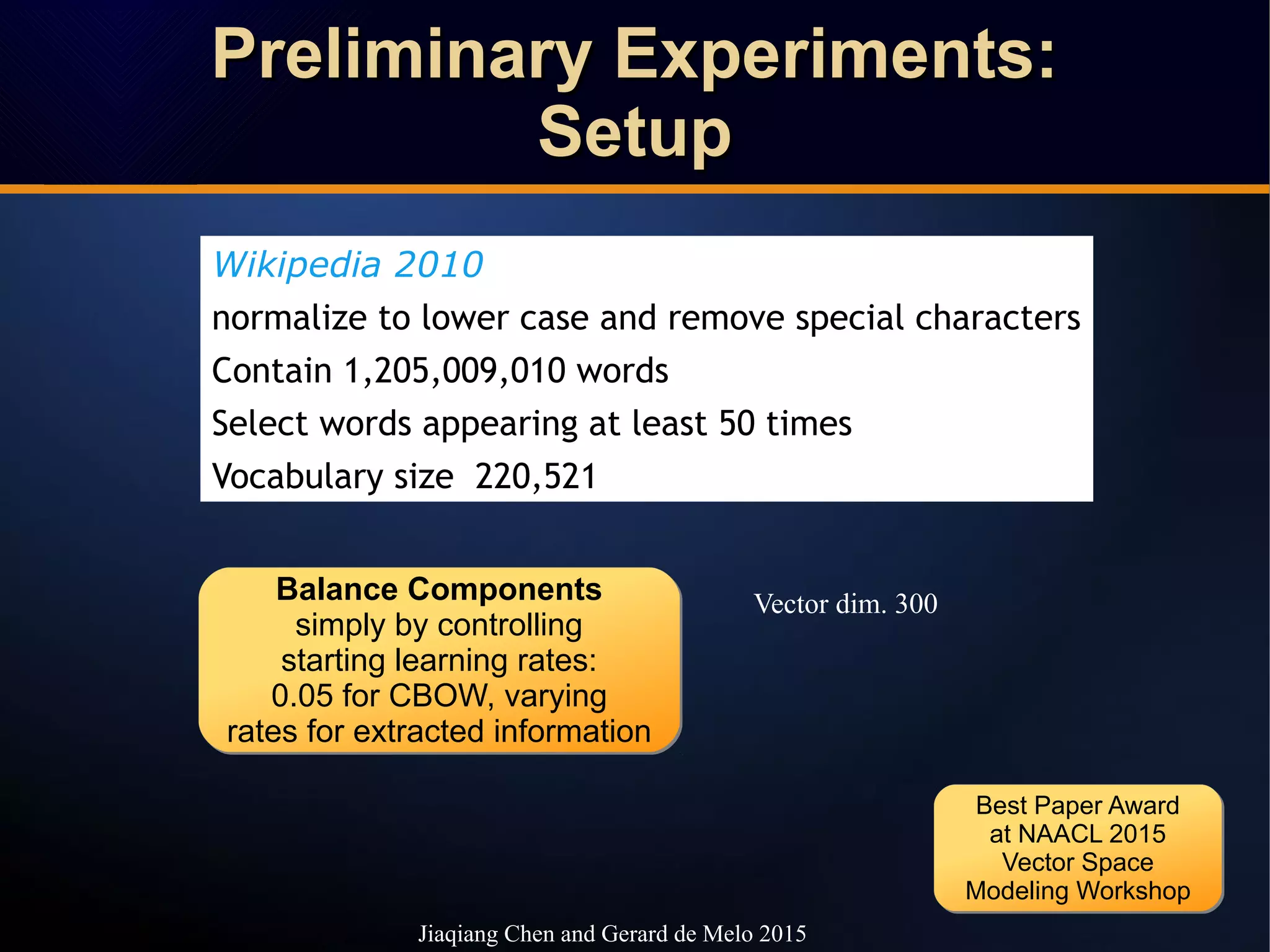Preliminary Experiments:Preliminary Experiments:
SetupSetup
Preliminary Experiments:Preliminary Experiments:
SetupSetup
Wikipedia 2010
normalize to lower case and remove special characters
Contain 1,205,009,010 words
Select words appearing at least 50 times
Vocabulary size 220,521
Balance Components
simply by controlling
starting learning rates:
0.05 for CBOW, varying
rates for extracted information
Balance Components
simply by controlling
starting learning rates:
0.05 for CBOW, varying
rates for extracted information
Vector dim. 300
Jiaqiang Chen and Gerard de Melo 2015
Best Paper Award
at NAACL 2015
Vector Space
Modeling Workshop
Best Paper Award
at NAACL 2015
Vector Space
Modeling Workshop
 