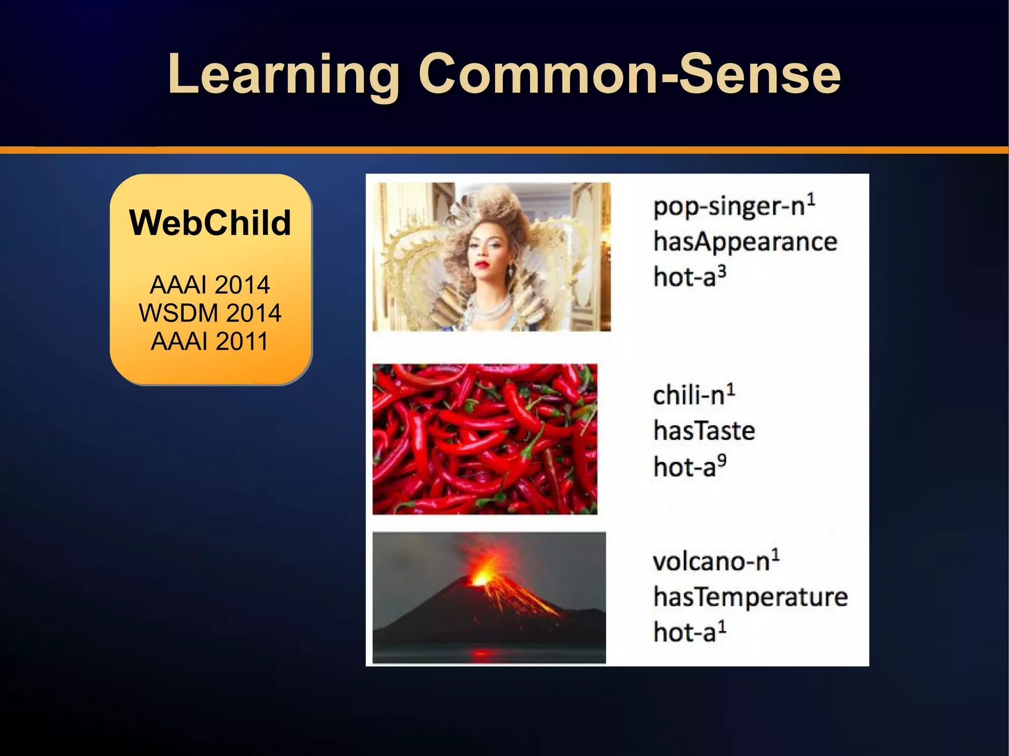 Learning Common-SenseLearning Common-SenseLearning Common-SenseLearning Common-Sense
WebChild
AAAI 2014
WSDM 2014
AAAI 2011
WebChild
AAAI 2014
WSDM 2014
AAAI 2011
 