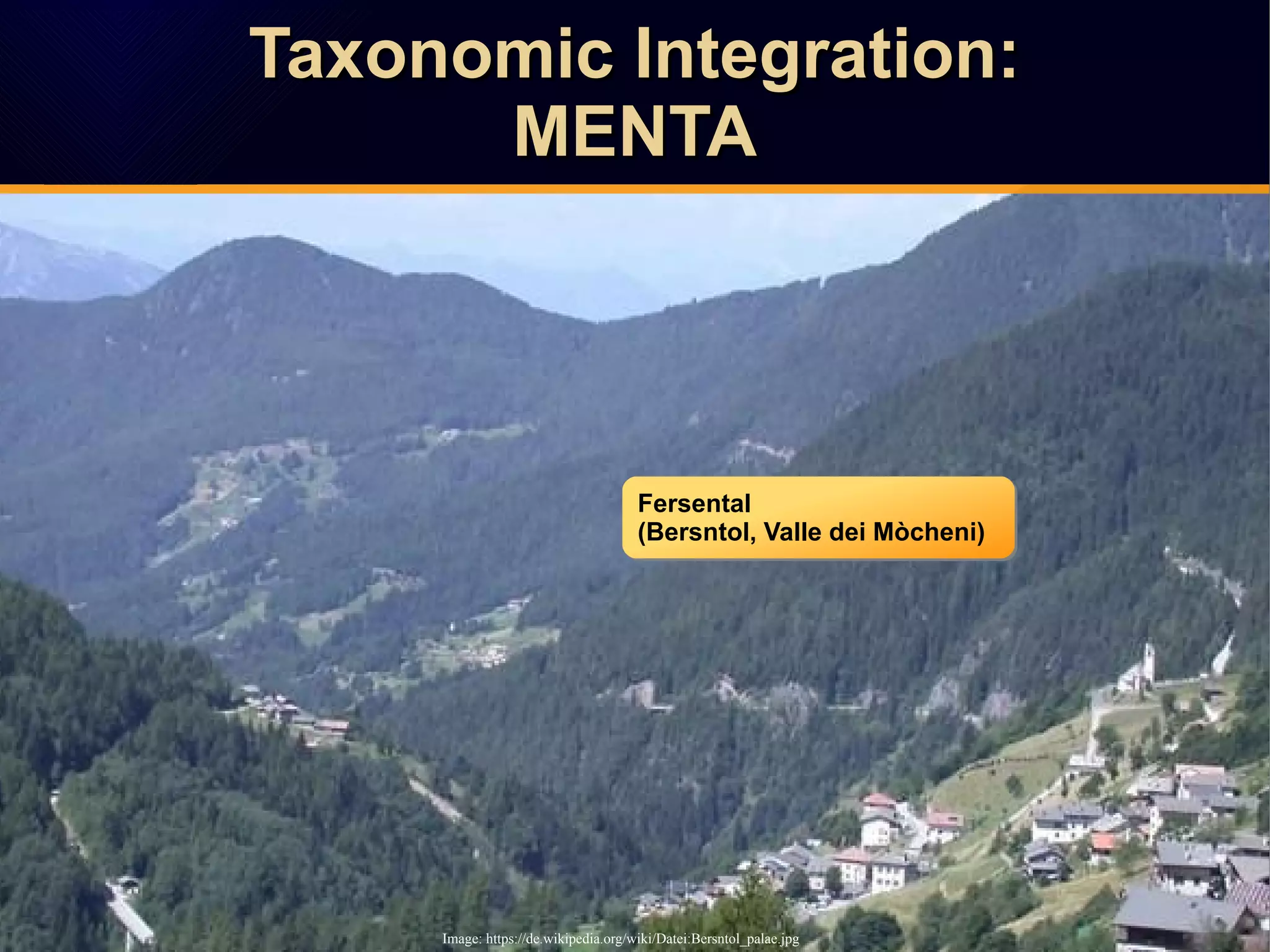 Taxonomic Integration:Taxonomic Integration:
MENTAMENTA
Taxonomic Integration:Taxonomic Integration:
MENTAMENTA
Image: https://de.wikipedia.org/wiki/Datei:Bersntol_palae.jpg
Fersental
(Bersntol, Valle dei Mòcheni)
Fersental
(Bersntol, Valle dei Mòcheni)
 