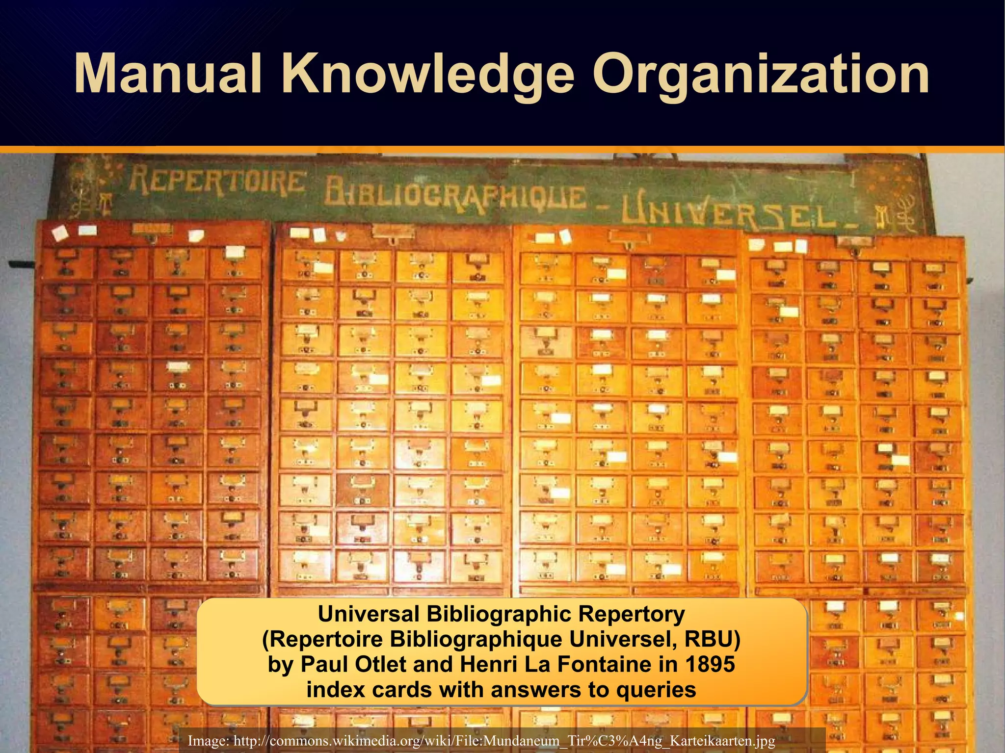 Manual Knowledge OrganizationManual Knowledge Organization
Image: http://commons.wikimedia.org/wiki/File:Mundaneum_Tir%C3%A4ng_Karteikaarten.jpg
Universal Bibliographic Repertory
(Repertoire Bibliographique Universel, RBU)
by Paul Otlet and Henri La Fontaine in 1895
index cards with answers to queries
Universal Bibliographic Repertory
(Repertoire Bibliographique Universel, RBU)
by Paul Otlet and Henri La Fontaine in 1895
index cards with answers to queries
 