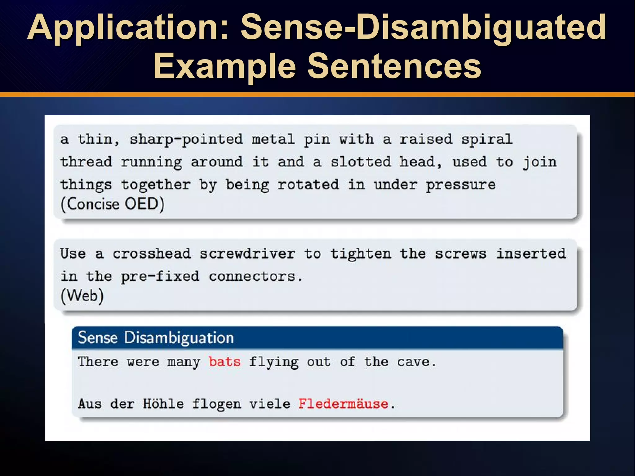 Application: Sense-DisambiguatedApplication: Sense-Disambiguated
Example SentencesExample Sentences
Application: Sense-DisambiguatedApplication: Sense-Disambiguated
Example SentencesExample Sentences
 