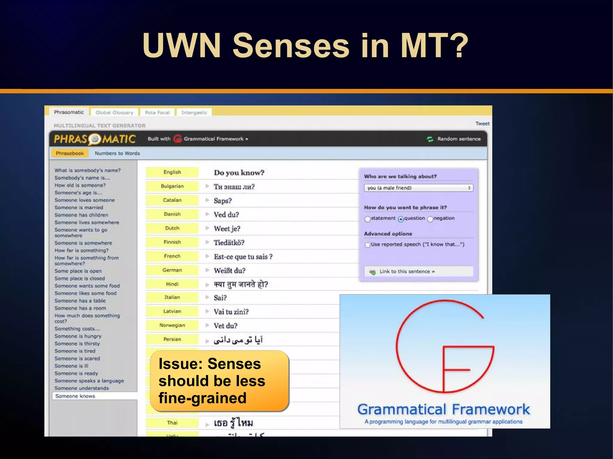 UWN Senses in MT?
Issue: Senses
should be less
fine-grained
Issue: Senses
should be less
fine-grained
 