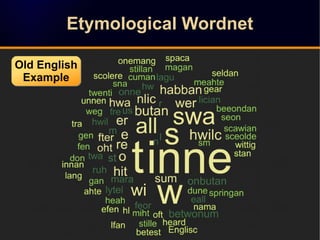 Etymological WordnetEtymological Wordnet
Old English
Example
Old English
Example
 
