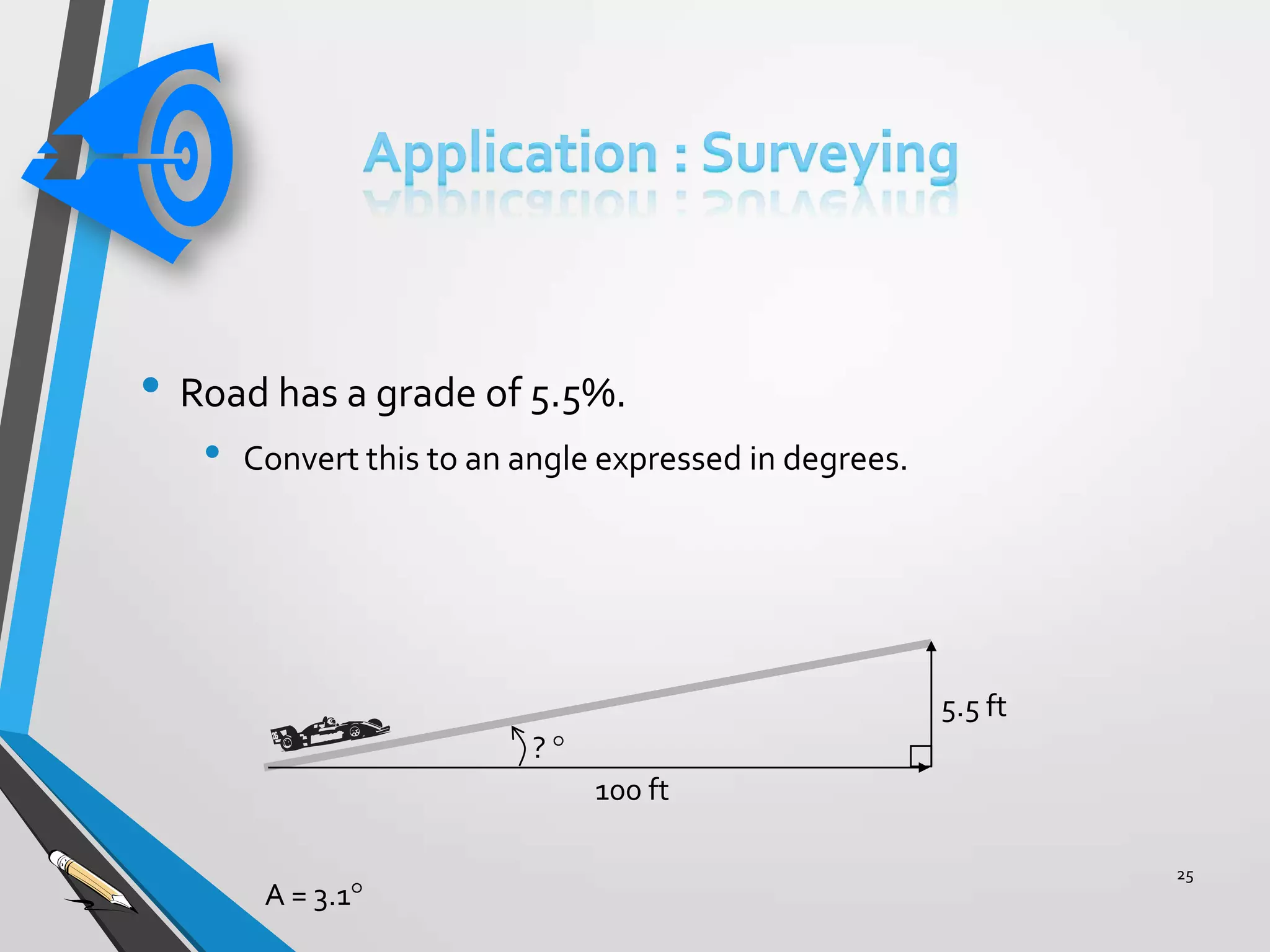 • Road has a grade of 5.5%.
•

Convert this to an angle expressed in degrees.

5.5 ft
?

100 ft
A = 3.1

25

 