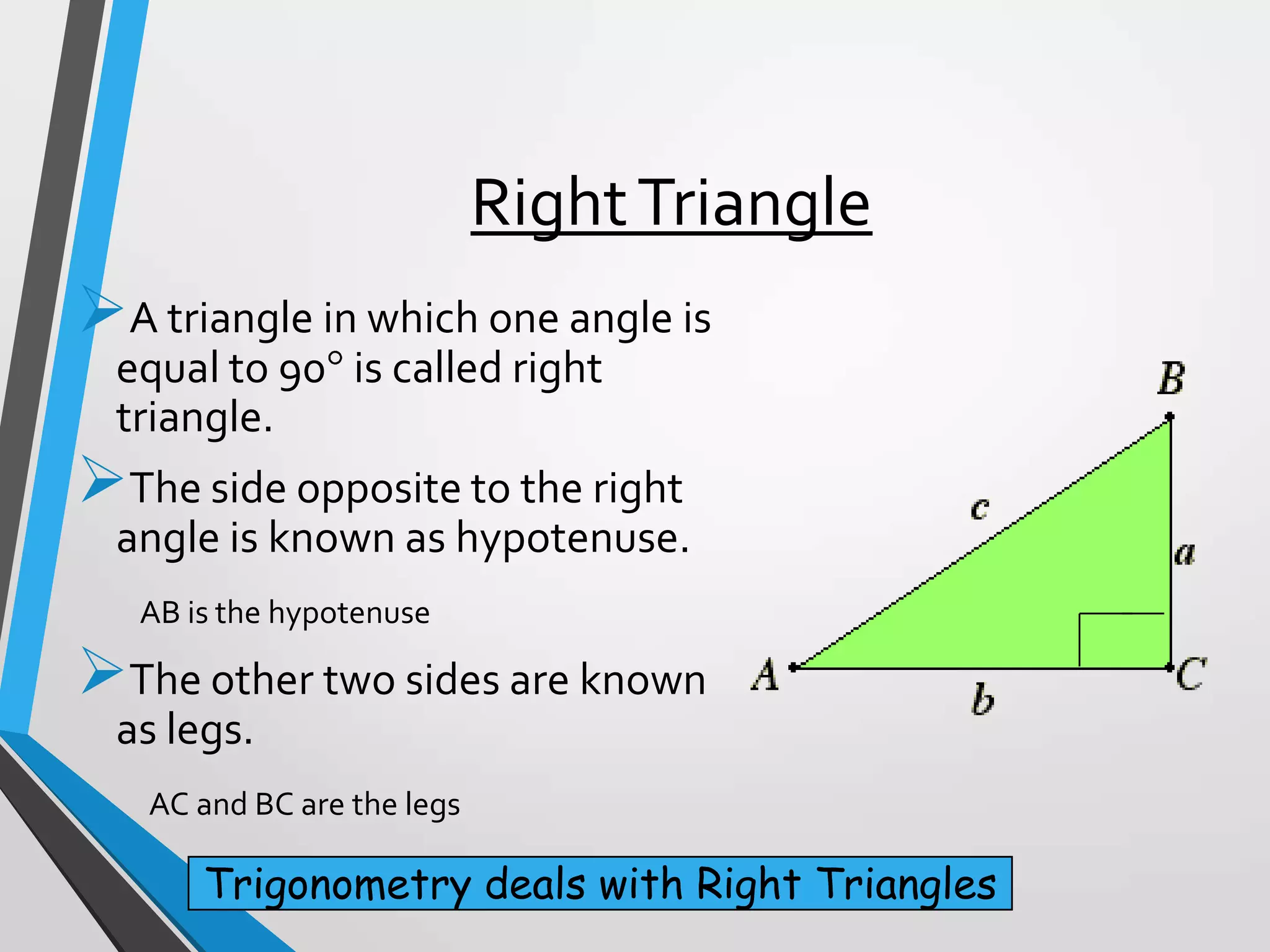 Right Triangle
A triangle in which one angle is
equal to 90 is called right
triangle.

The side opposite to the right
angle is known as hypotenuse.
AB is the hypotenuse

The other two sides are known
as legs.
AC and BC are the legs

Trigonometry deals with Right Triangles

 