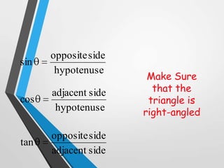 sin

opposite side
hypotenuse

cos

adjacent side
hypotenuse

tan

opposite side
adjacent side

Make Sure
that the
triangle is
right-angled

 