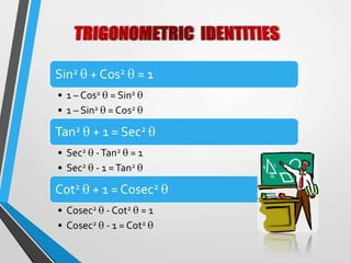 Sin2 + Cos2 = 1
• 1 – Cos2 = Sin2
• 1 – Sin2 = Cos2

Tan2 + 1 = Sec2
• Sec2 - Tan2 = 1
• Sec2 - 1 = Tan2

Cot2 + 1 = Cosec2
• Cosec2 - Cot2 = 1
• Cosec2 - 1 = Cot2

 