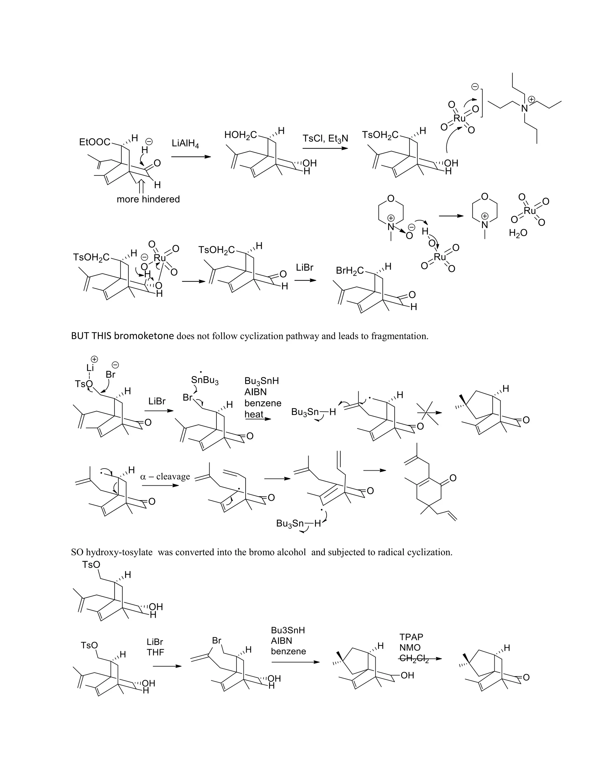BUT THIS bromoketone does not follow cyclization pathway and leads to fragmentation.
SO hydroxy-tosylate was converted into the bromo alcohol and subjected to radical cyclization.
 