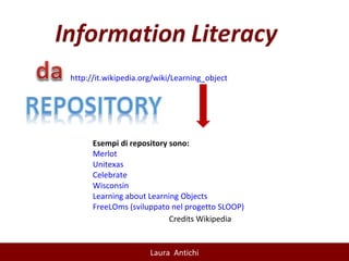 Esempi di repository sono: Merlot Unitexas Celebrate Wisconsin Learning about Learning Objects FreeLOms (sviluppato nel progetto SLOOP) http:// it.wikipedia.org/wiki/Learning_object   Credits Wikipedia 