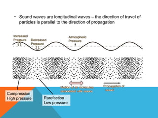 • On a pressure-direction of travel graph, rarefactions
occur at troughs and compressions occur at crests.
Pressure
Direct...