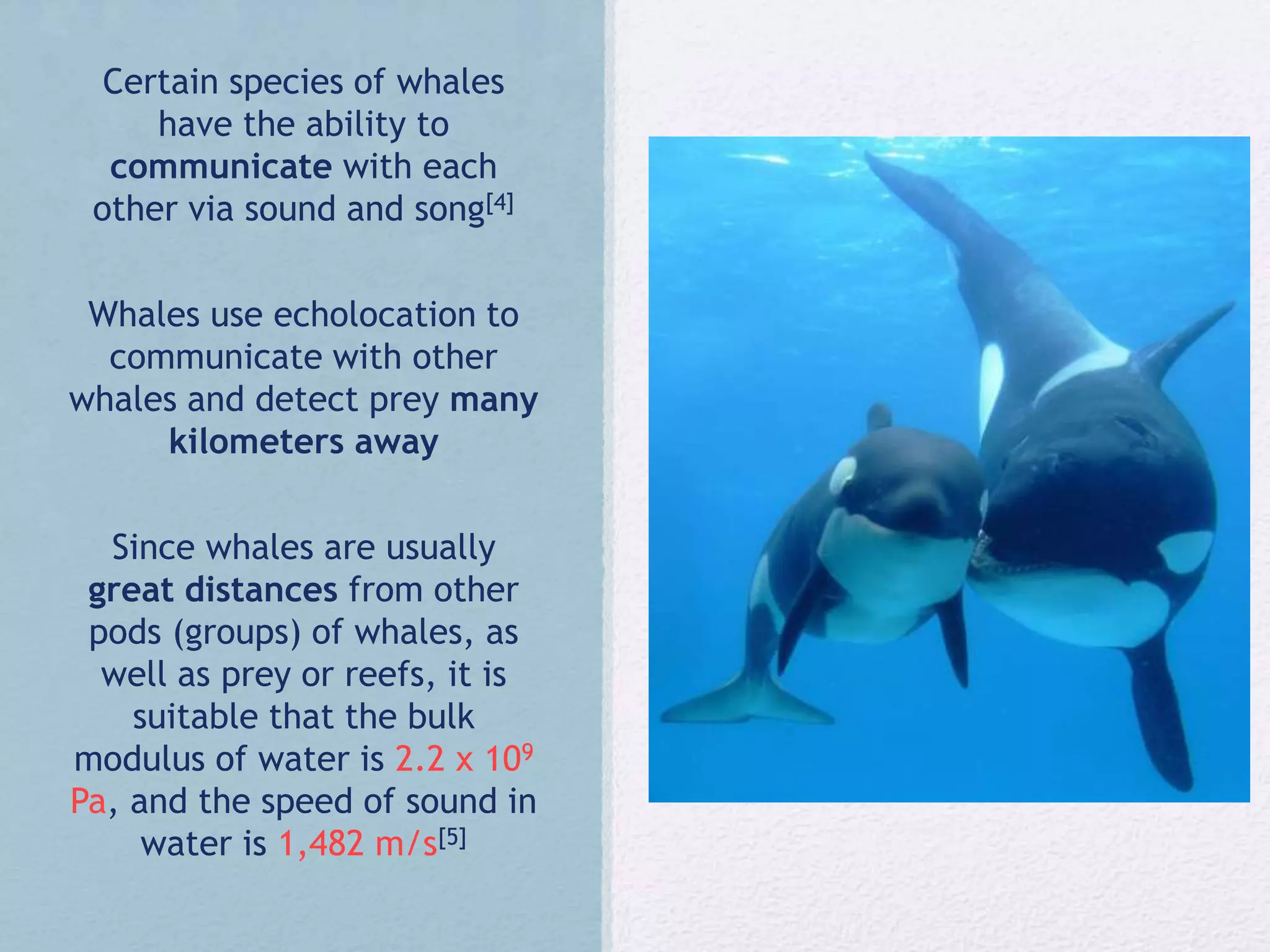Certain species of whales
have the ability to
communicate with each
other via sound and song[4]
Whales use echolocation to
communicate with other
whales and detect prey many
kilometers away
Since whales are usually
great distances from other
pods (groups) of whales, as
well as prey or reefs, it is
suitable that the bulk
modulus of water is 2.2 x 109
Pa, and the speed of sound in
water is 1,482 m/s[5]
 