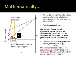  We can determine the angles where
maximum light intensity (bright
fringes) occurs by thinking about a
right triangle.
 Fraunhofer Condition:
The distance from A1 to B is
approximately the same as the
distance from C to B ONLY IF the
distance from the screen L is much
greater than the slit separation d.
 The extra distance that light travels
from A2 to the screen at B is
Dsinθ
This extra distance coincides to the
path difference (Hence the fact that
light travels different lengths from both
slits to a point on the screen).
http://theory.uwinnipeg.ca/
physics/light/img30.gif
C
A1
A2
BThese angles
are the same
dsinθ
 