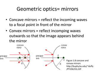 Geometric optics= mirrors
• Concave mirrors = reflect the incoming waves
to a focal point in front of the mirror
• Convex mirrors = reflect incomping waves
outwards so that the image appears behind
the mirror
Figure 1.8 concave and
convex mirrors
http://buphy.bu.edu/~duffy
/PY106/22c.GIF
 