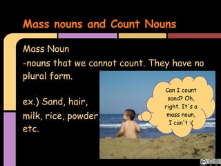 Mass nouns and Count Nouns

Mass Noun
-nouns that we cannot count. They have no
plural form.
                                Can I count
                                 sand? Oh,
ex.) Sand, hair,                right. It's a
milk, rice, powder,              mass noun,
                                  I can't :(
etc.
 