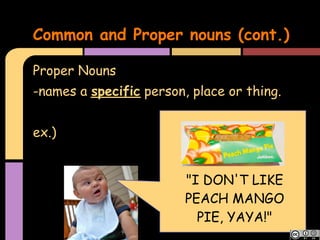 Common and Proper nouns (cont.)

Proper Nouns
-names a specific person, place or thing.


ex.)


                         "I DON'T LIKE
                         PEACH MANGO
                           PIE, YAYA!"
 