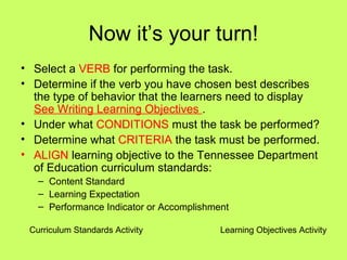 Now it’s your turn!
• Select a VERB for performing the task.
• Determine if the verb you have chosen best describes
  the type of behavior that the learners need to display
  See Writing Learning Objectives .
• Under what CONDITIONS must the task be performed?
• Determine what CRITERIA the task must be performed.
• ALIGN learning objective to the Tennessee Department
  of Education curriculum standards:
   – Content Standard
   – Learning Expectation
   – Performance Indicator or Accomplishment

 Curriculum Standards Activity            Learning Objectives Activity
 