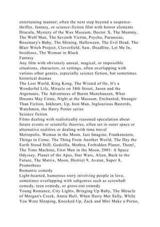 entertaining manner; often the next step beyond a suspense-
thriller, fantasy, or science-fiction film with horror elements
Dracula, Mystery of the Wax Museum, Doctor X, The Mummy,
The Wolf Man, The Seventh Victim, Psycho, Paranoiac,
Rosemary's Baby, The Shining, Halloween, The Evil Dead, The
Blair Witch Project, Cloverfield, Saw, Deadline, Let Me In,
Insidious, The Woman in Black
Fantasy
Any film with obviously unreal, magical, or impossible
situations, characters, or settings, often overlapping with
various other genres, especially science fiction, but sometimes
historical dramas
The Lost World, King Kong, The Wizard of Oz, It's a
Wonderful Life, Miracle on 34th Street, Jason and the
Argonauts, The Adventures of Baron Munchausen, What
Dreams May Come, Night at the Museum, Enchanted, Stranger
Than Fiction, Inkheart, Up, Iron Man, Inglourious Basterds,
Watchmen, the Harry Potter series
Science fiction
Films dealing with realistically reasoned speculation about
future events or scientific theories, often set in outer space or
alternative realities or dealing with time travel
Metropolis, Woman in the Moon, Just Imagine, Frankenstein,
Things to Come, The Thing From Another World, The Day the
Earth Stood Still, Godzilla, Mothra, Forbidden Planet, Them!,
The Time Machine, First Men in the Moon, 2001: A Space
Odyssey, Planet of the Apes, Star Wars, Alien, Back to the
Future, The Matrix, Moon, District 9, Avatar, Super 8,
Prometheus
Romantic comedy
Light-hearted, humorous story involving people in love,
sometimes overlapping with subgenres such as screwball
comedy, teen comedy, or gross-out comedy
Young Romance, City Lights, Bringing Up Baby, The Miracle
of Morgan's Creek, Annie Hall, When Harry Met Sally, While
You Were Sleeping, Knocked Up, Zack and Miri Make a Porno,
 