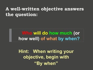A well-written objective answers
the question:
Who will do how much (or
how well) of what by when?
Hint: When writing your
objective, begin with
“By when”
 