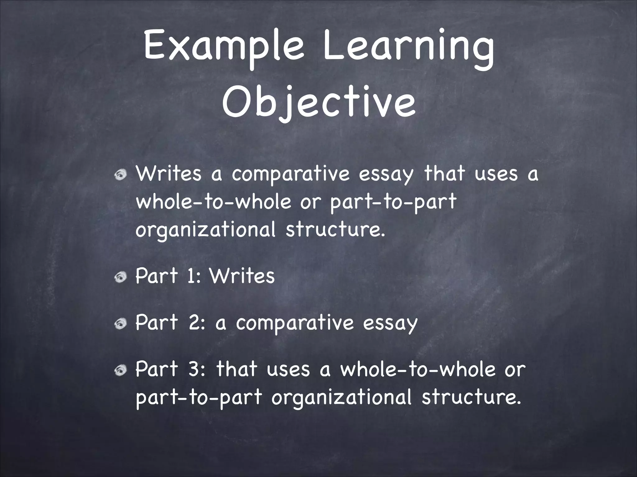 Example Learning
Objective
Writes a comparative essay that uses a
whole-to-whole or part-to-part
organizational structure.

Part 1: Writes

Part 2: a comparative essay

Part 3: that uses a whole-to-whole or
part-to-part organizational structure.
 