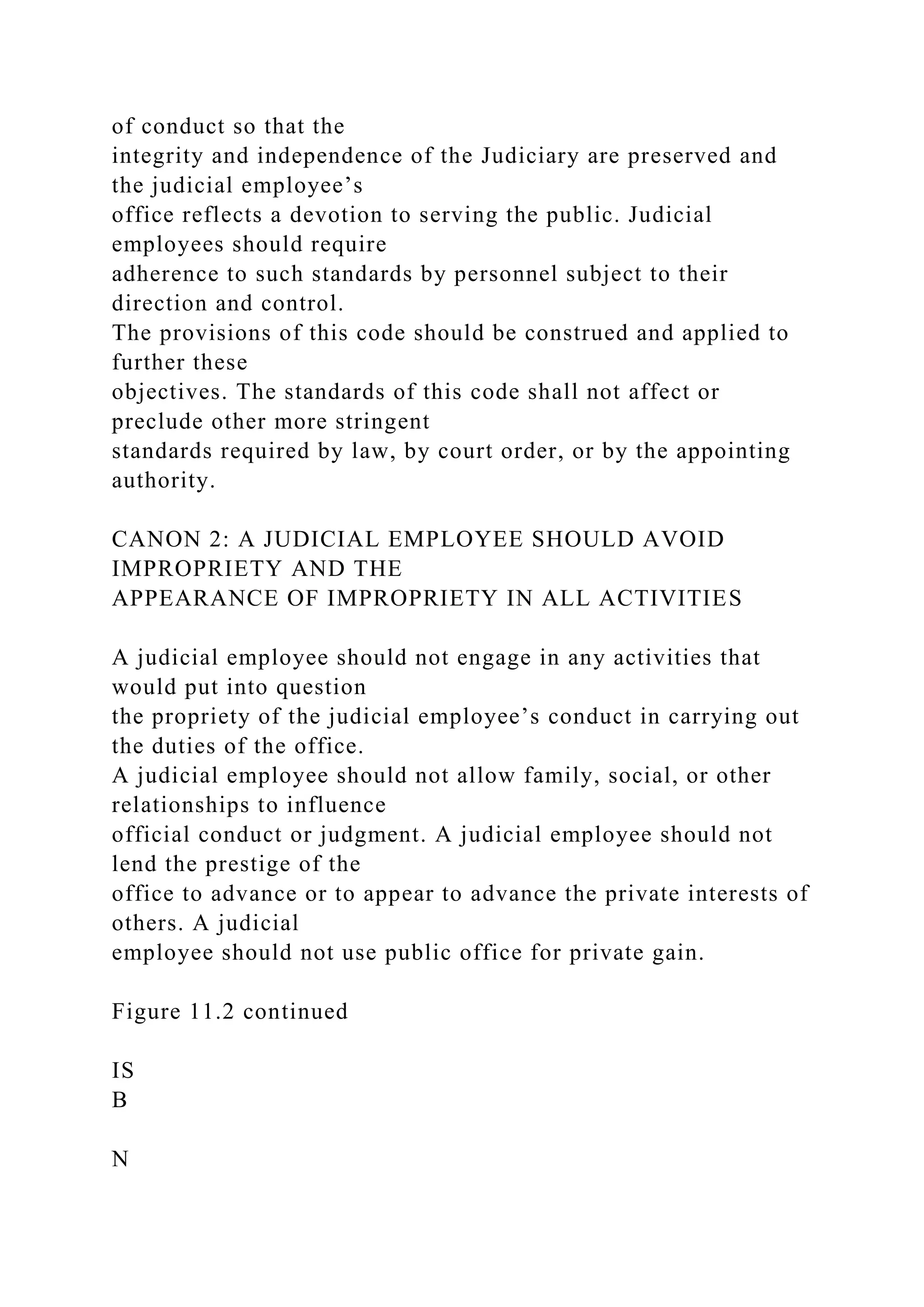 of conduct so that the
integrity and independence of the Judiciary are preserved and
the judicial employee’s
office reflects a devotion to serving the public. Judicial
employees should require
adherence to such standards by personnel subject to their
direction and control.
The provisions of this code should be construed and applied to
further these
objectives. The standards of this code shall not affect or
preclude other more stringent
standards required by law, by court order, or by the appointing
authority.
CANON 2: A JUDICIAL EMPLOYEE SHOULD AVOID
IMPROPRIETY AND THE
APPEARANCE OF IMPROPRIETY IN ALL ACTIVITIES
A judicial employee should not engage in any activities that
would put into question
the propriety of the judicial employee’s conduct in carrying out
the duties of the office.
A judicial employee should not allow family, social, or other
relationships to influence
official conduct or judgment. A judicial employee should not
lend the prestige of the
office to advance or to appear to advance the private interests of
others. A judicial
employee should not use public office for private gain.
Figure 11.2 continued
IS
B
N
 