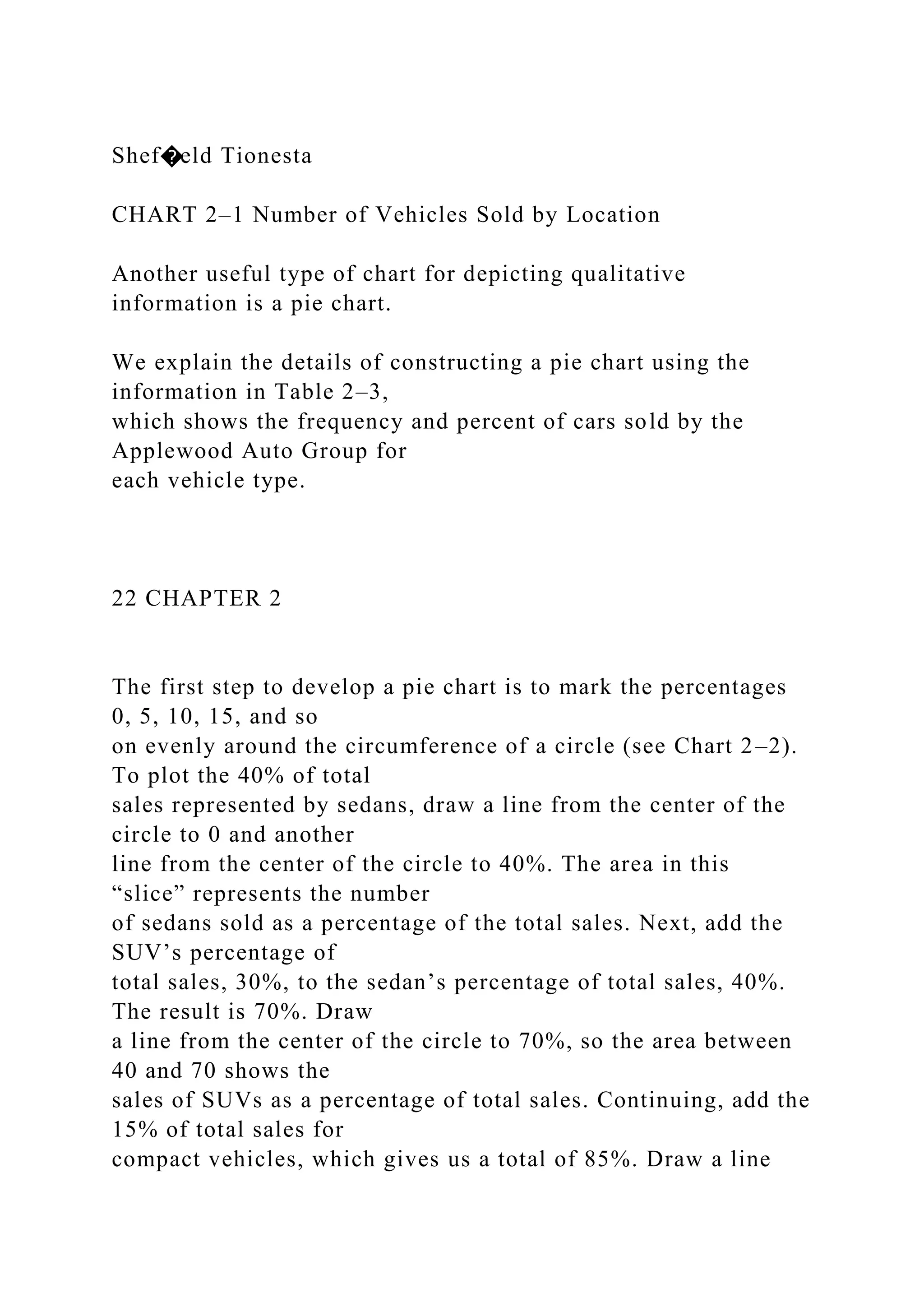 Shef�eld Tionesta
CHART 2–1 Number of Vehicles Sold by Location
Another useful type of chart for depicting qualitative
information is a pie chart.
We explain the details of constructing a pie chart using the
information in Table 2–3,
which shows the frequency and percent of cars sold by the
Applewood Auto Group for
each vehicle type.
22 CHAPTER 2
The first step to develop a pie chart is to mark the percentages
0, 5, 10, 15, and so
on evenly around the circumference of a circle (see Chart 2–2).
To plot the 40% of total
sales represented by sedans, draw a line from the center of the
circle to 0 and another
line from the center of the circle to 40%. The area in this
“slice” represents the number
of sedans sold as a percentage of the total sales. Next, add the
SUV’s percentage of
total sales, 30%, to the sedan’s percentage of total sales, 40%.
The result is 70%. Draw
a line from the center of the circle to 70%, so the area between
40 and 70 shows the
sales of SUVs as a percentage of total sales. Continuing, add the
15% of total sales for
compact vehicles, which gives us a total of 85%. Draw a line
 