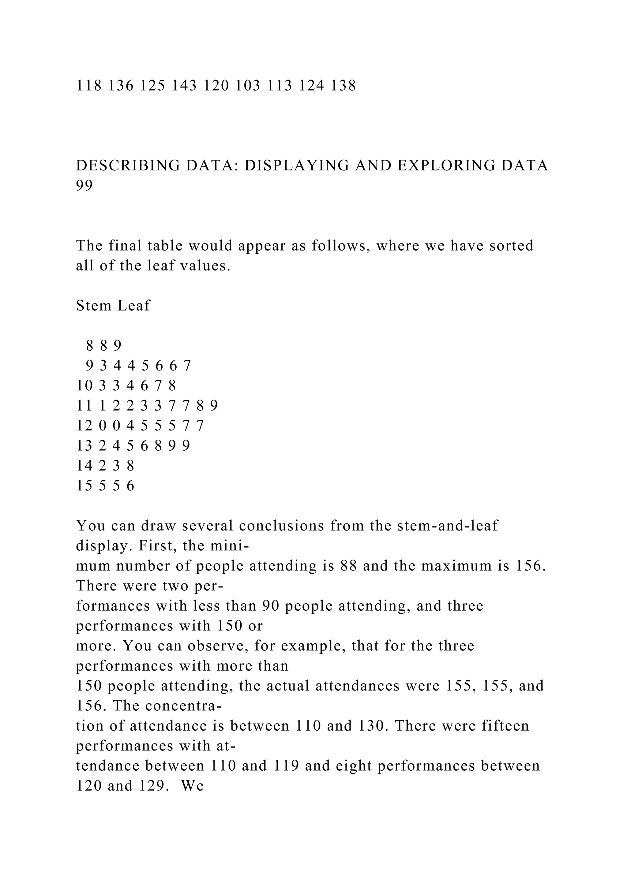 118 136 125 143 120 103 113 124 138
DESCRIBING DATA: DISPLAYING AND EXPLORING DATA
99
The final table would appear as follows, where we have sorted
all of the leaf values.
Stem Leaf
8 8 9
9 3 4 4 5 6 6 7
10 3 3 4 6 7 8
11 1 2 2 3 3 7 7 8 9
12 0 0 4 5 5 5 7 7
13 2 4 5 6 8 9 9
14 2 3 8
15 5 5 6
You can draw several conclusions from the stem-and-leaf
display. First, the mini-
mum number of people attending is 88 and the maximum is 156.
There were two per-
formances with less than 90 people attending, and three
performances with 150 or
more. You can observe, for example, that for the three
performances with more than
150 people attending, the actual attendances were 155, 155, and
156. The concentra-
tion of attendance is between 110 and 130. There were fifteen
performances with at-
tendance between 110 and 119 and eight performances between
120 and 129. We
 