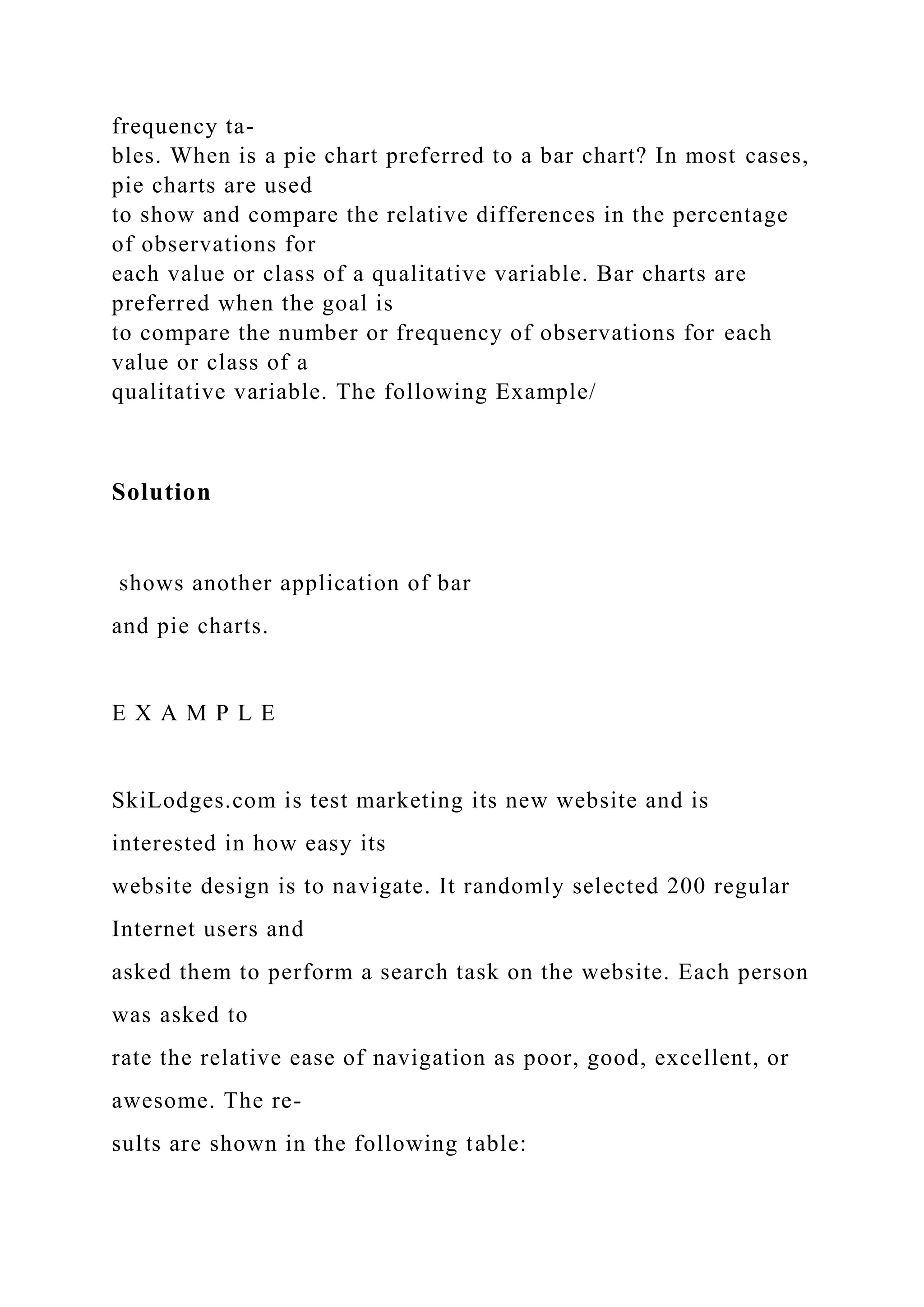 frequency ta-
bles. When is a pie chart preferred to a bar chart? In most cases,
pie charts are used
to show and compare the relative differences in the percentage
of observations for
each value or class of a qualitative variable. Bar charts are
preferred when the goal is
to compare the number or frequency of observations for each
value or class of a
qualitative variable. The following Example/
Solution
shows another application of bar
and pie charts.
E X A M P L E
SkiLodges.com is test marketing its new website and is
interested in how easy its
website design is to navigate. It randomly selected 200 regular
Internet users and
asked them to perform a search task on the website. Each person
was asked to
rate the relative ease of navigation as poor, good, excellent, or
awesome. The re-
sults are shown in the following table:
 