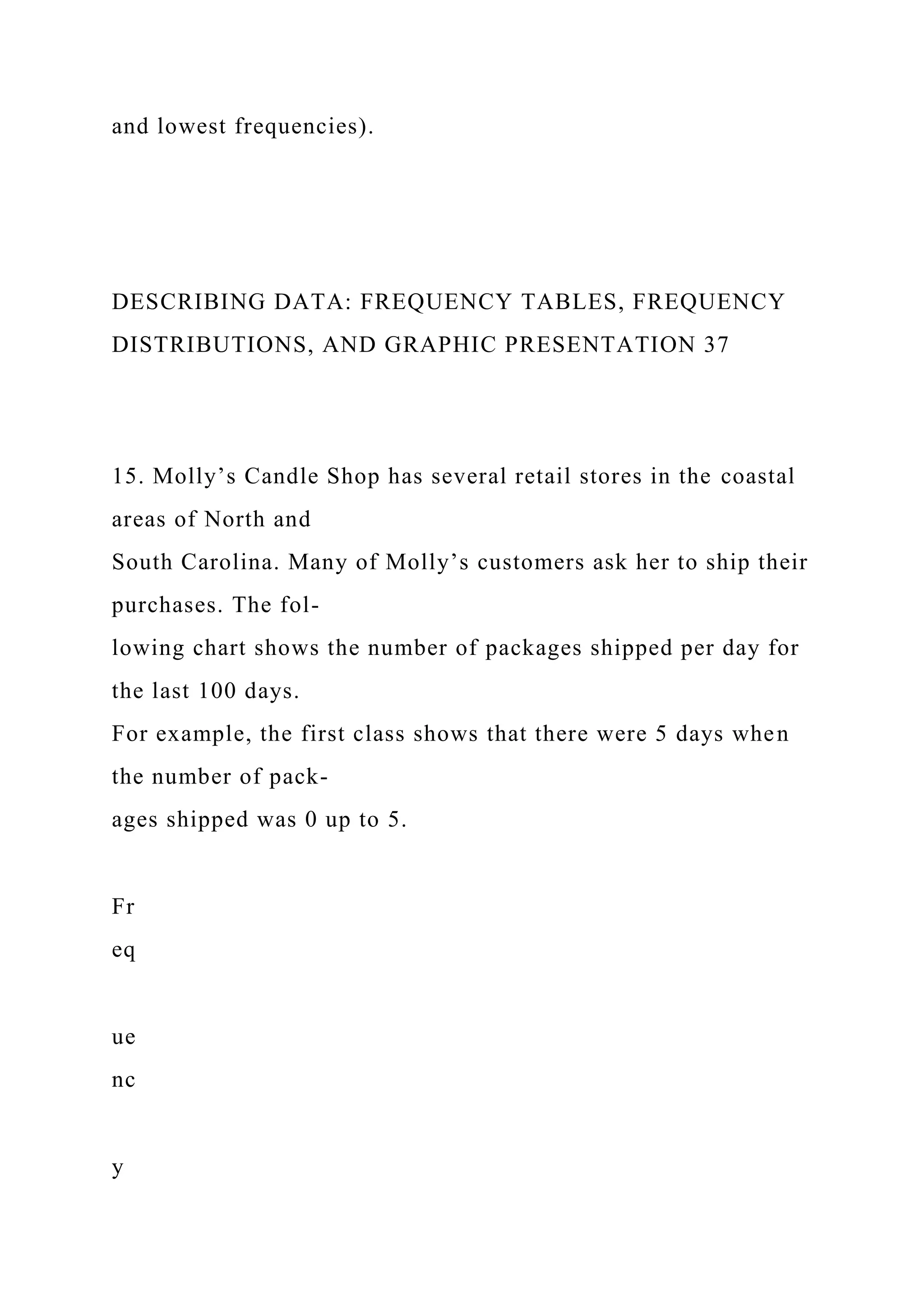 and lowest frequencies).
DESCRIBING DATA: FREQUENCY TABLES, FREQUENCY
DISTRIBUTIONS, AND GRAPHIC PRESENTATION 37
15. Molly’s Candle Shop has several retail stores in the coastal
areas of North and
South Carolina. Many of Molly’s customers ask her to ship their
purchases. The fol-
lowing chart shows the number of packages shipped per day for
the last 100 days.
For example, the first class shows that there were 5 days when
the number of pack-
ages shipped was 0 up to 5.
Fr
eq
ue
nc
y
 