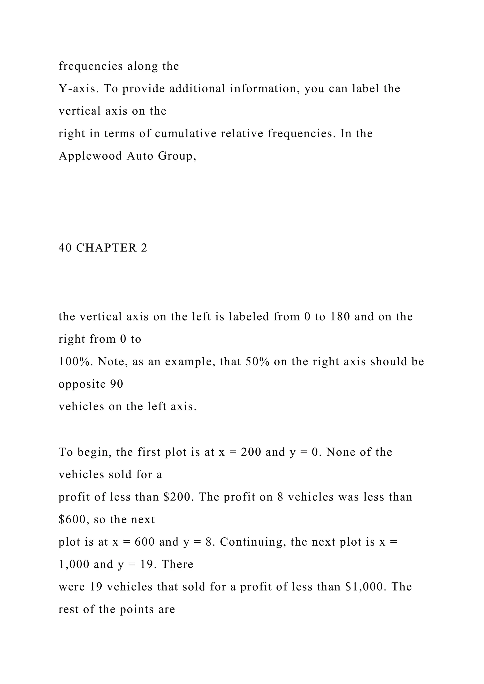 frequencies along the
Y-axis. To provide additional information, you can label the
vertical axis on the
right in terms of cumulative relative frequencies. In the
Applewood Auto Group,
40 CHAPTER 2
the vertical axis on the left is labeled from 0 to 180 and on the
right from 0 to
100%. Note, as an example, that 50% on the right axis should be
opposite 90
vehicles on the left axis.
To begin, the first plot is at x = 200 and y = 0. None of the
vehicles sold for a
profit of less than $200. The profit on 8 vehicles was less than
$600, so the next
plot is at x = 600 and y = 8. Continuing, the next plot is x =
1,000 and y = 19. There
were 19 vehicles that sold for a profit of less than $1,000. The
rest of the points are
 
