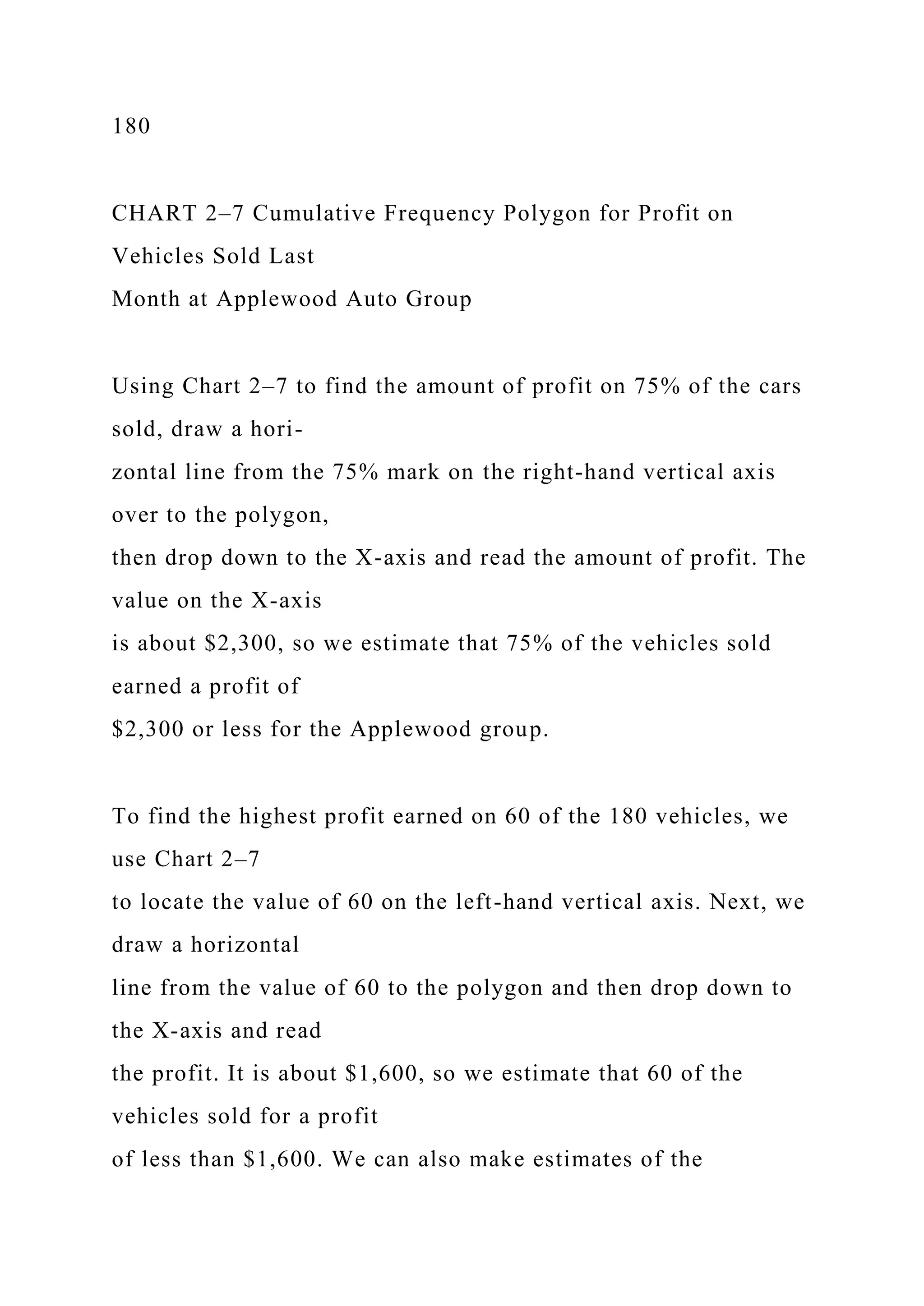 180
CHART 2–7 Cumulative Frequency Polygon for Profit on
Vehicles Sold Last
Month at Applewood Auto Group
Using Chart 2–7 to find the amount of profit on 75% of the cars
sold, draw a hori-
zontal line from the 75% mark on the right-hand vertical axis
over to the polygon,
then drop down to the X-axis and read the amount of profit. The
value on the X-axis
is about $2,300, so we estimate that 75% of the vehicles sold
earned a profit of
$2,300 or less for the Applewood group.
To find the highest profit earned on 60 of the 180 vehicles, we
use Chart 2–7
to locate the value of 60 on the left-hand vertical axis. Next, we
draw a horizontal
line from the value of 60 to the polygon and then drop down to
the X-axis and read
the profit. It is about $1,600, so we estimate that 60 of the
vehicles sold for a profit
of less than $1,600. We can also make estimates of the
 