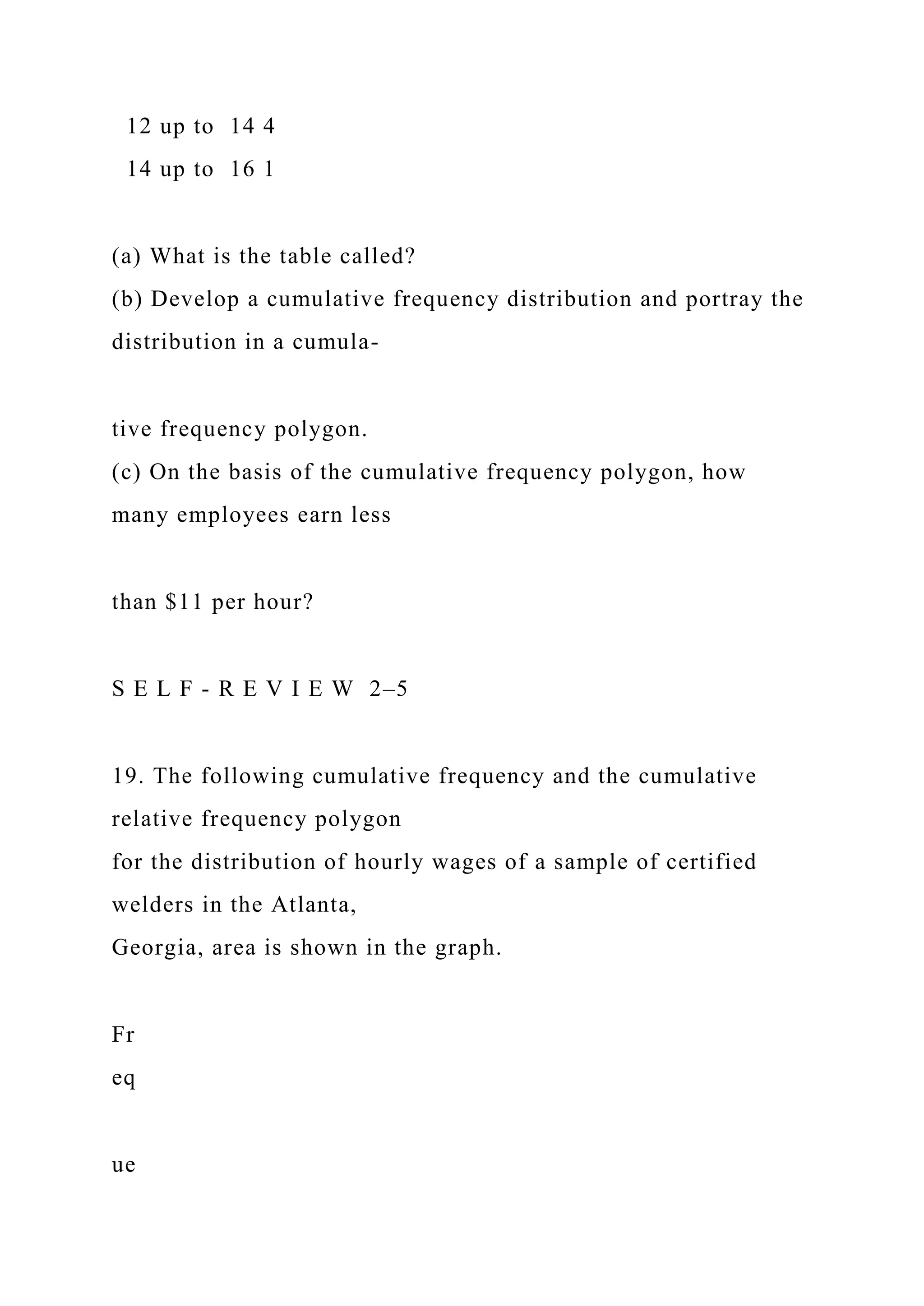 12 up to 14 4
14 up to 16 1
(a) What is the table called?
(b) Develop a cumulative frequency distribution and portray the
distribution in a cumula-
tive frequency polygon.
(c) On the basis of the cumulative frequency polygon, how
many employees earn less
than $11 per hour?
S E L F - R E V I E W 2–5
19. The following cumulative frequency and the cumulative
relative frequency polygon
for the distribution of hourly wages of a sample of certified
welders in the Atlanta,
Georgia, area is shown in the graph.
Fr
eq
ue
 