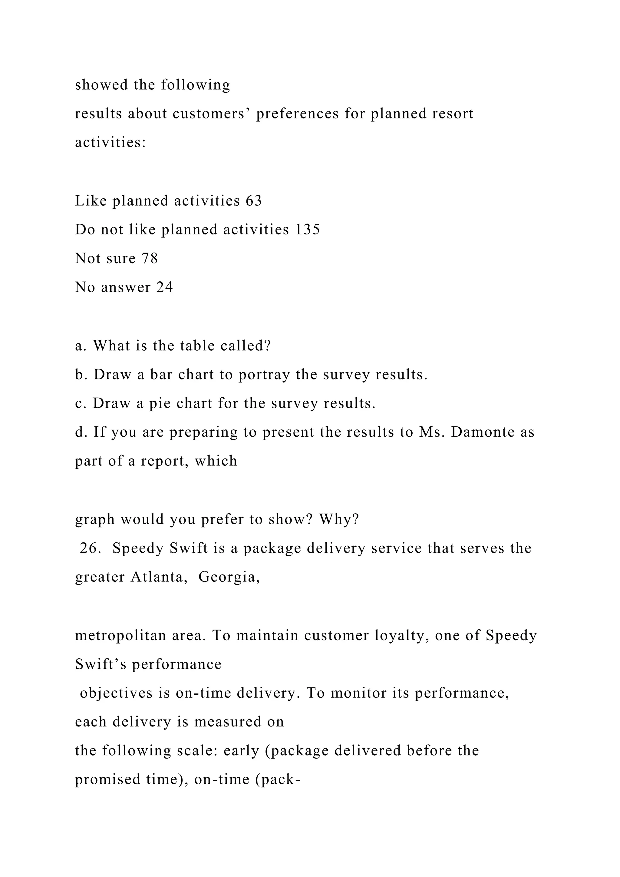 showed the following
results about customers’ preferences for planned resort
activities:
Like planned activities 63
Do not like planned activities 135
Not sure 78
No answer 24
a. What is the table called?
b. Draw a bar chart to portray the survey results.
c. Draw a pie chart for the survey results.
d. If you are preparing to present the results to Ms. Damonte as
part of a report, which
graph would you prefer to show? Why?
26. Speedy Swift is a package delivery service that serves the
greater Atlanta, Georgia,
metropolitan area. To maintain customer loyalty, one of Speedy
Swift’s performance
objectives is on-time delivery. To monitor its performance,
each delivery is measured on
the following scale: early (package delivered before the
promised time), on-time (pack-
 
