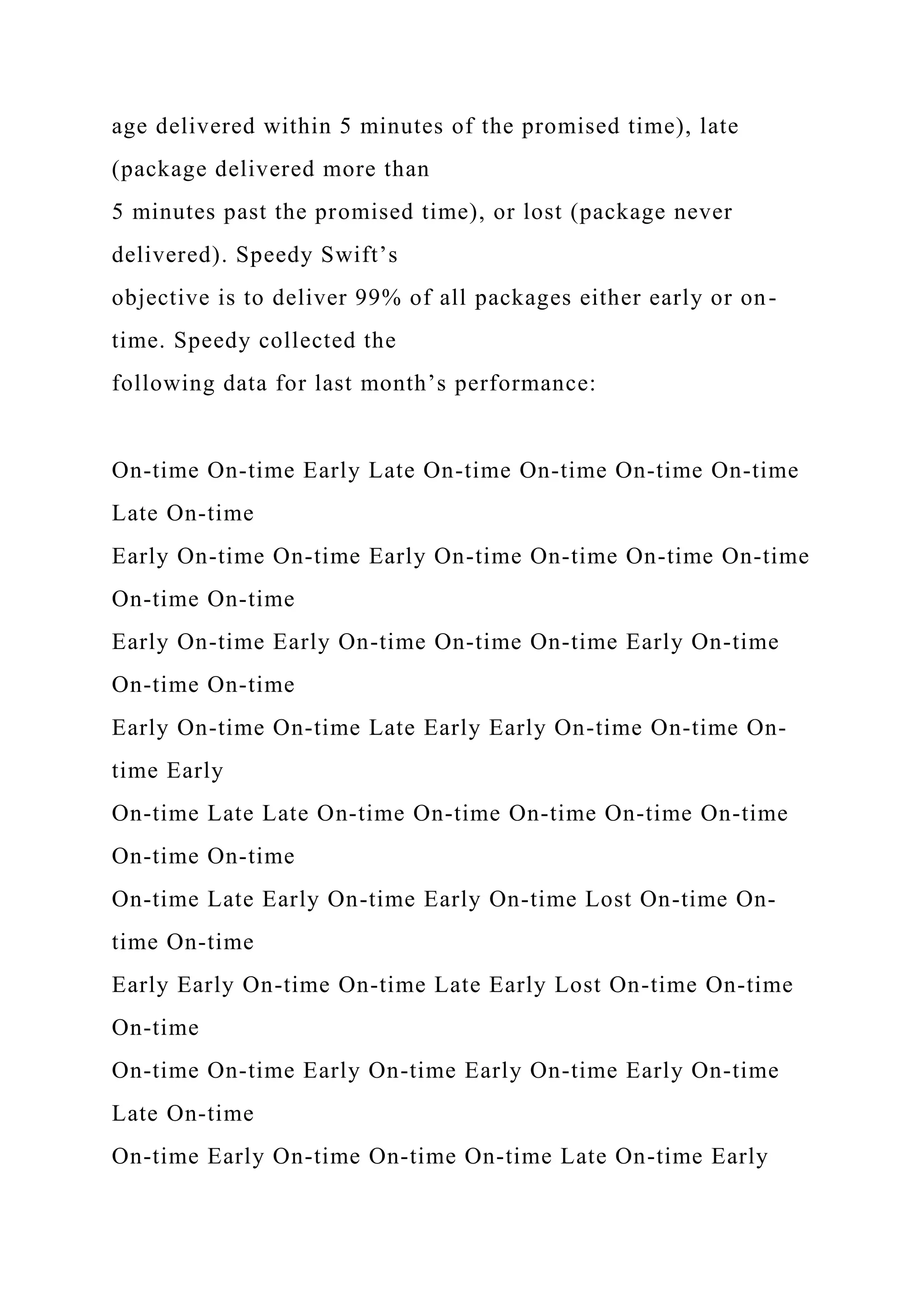 age delivered within 5 minutes of the promised time), late
(package delivered more than
5 minutes past the promised time), or lost (package never
delivered). Speedy Swift’s
objective is to deliver 99% of all packages either early or on-
time. Speedy collected the
following data for last month’s performance:
On-time On-time Early Late On-time On-time On-time On-time
Late On-time
Early On-time On-time Early On-time On-time On-time On-time
On-time On-time
Early On-time Early On-time On-time On-time Early On-time
On-time On-time
Early On-time On-time Late Early Early On-time On-time On-
time Early
On-time Late Late On-time On-time On-time On-time On-time
On-time On-time
On-time Late Early On-time Early On-time Lost On-time On-
time On-time
Early Early On-time On-time Late Early Lost On-time On-time
On-time
On-time On-time Early On-time Early On-time Early On-time
Late On-time
On-time Early On-time On-time On-time Late On-time Early
 