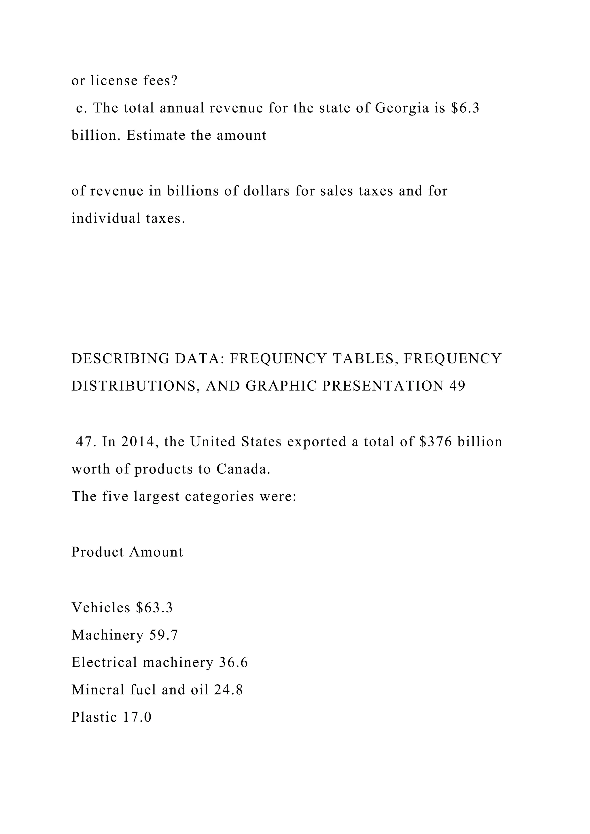 or license fees?
c. The total annual revenue for the state of Georgia is $6.3
billion. Estimate the amount
of revenue in billions of dollars for sales taxes and for
individual taxes.
DESCRIBING DATA: FREQUENCY TABLES, FREQUENCY
DISTRIBUTIONS, AND GRAPHIC PRESENTATION 49
47. In 2014, the United States exported a total of $376 billion
worth of products to Canada.
The five largest categories were:
Product Amount
Vehicles $63.3
Machinery 59.7
Electrical machinery 36.6
Mineral fuel and oil 24.8
Plastic 17.0
 