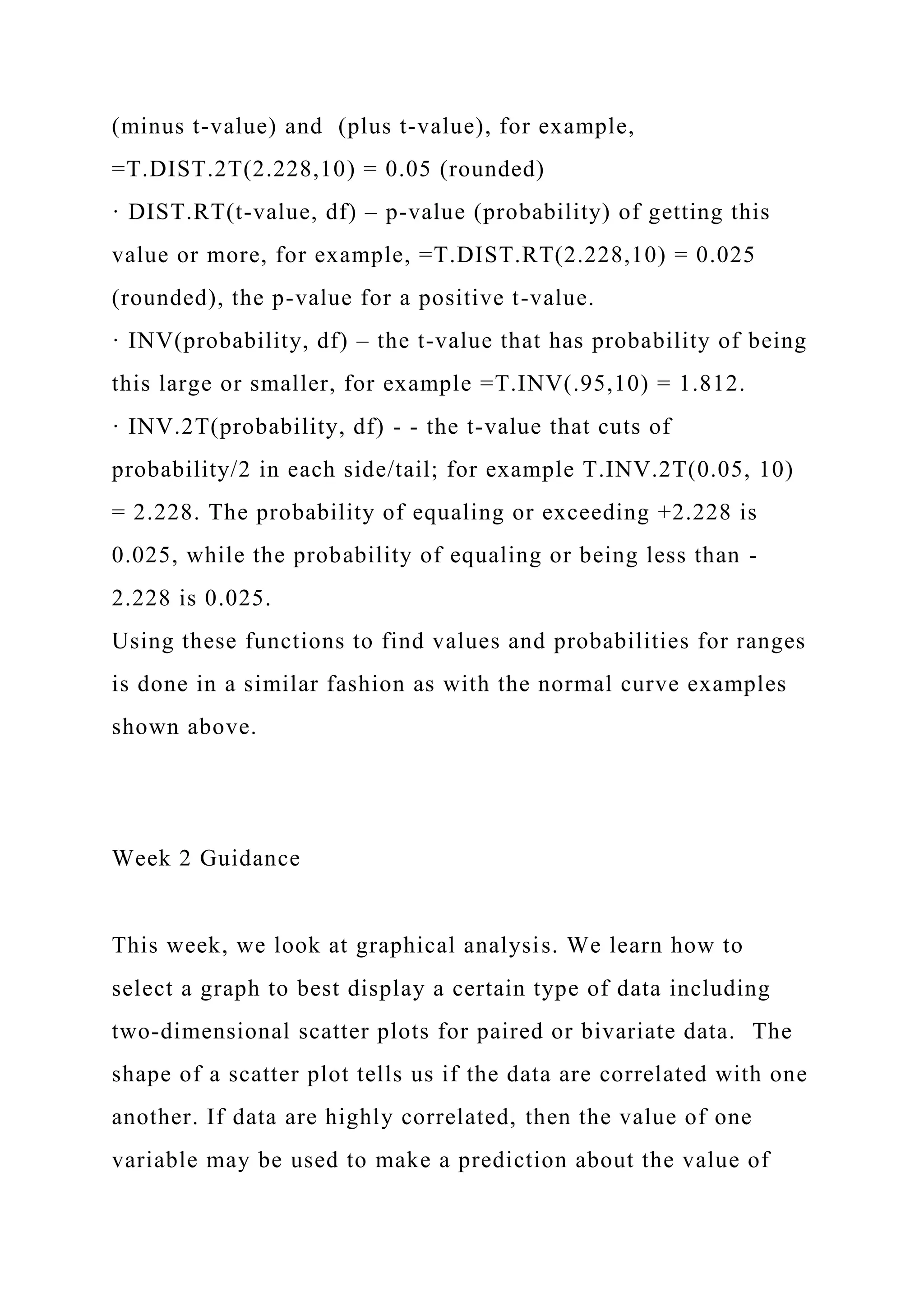 (minus t-value) and (plus t-value), for example,
=T.DIST.2T(2.228,10) = 0.05 (rounded)
· DIST.RT(t-value, df) – p-value (probability) of getting this
value or more, for example, =T.DIST.RT(2.228,10) = 0.025
(rounded), the p-value for a positive t-value.
· INV(probability, df) – the t-value that has probability of being
this large or smaller, for example =T.INV(.95,10) = 1.812.
· INV.2T(probability, df) - - the t-value that cuts of
probability/2 in each side/tail; for example T.INV.2T(0.05, 10)
= 2.228. The probability of equaling or exceeding +2.228 is
0.025, while the probability of equaling or being less than -
2.228 is 0.025.
Using these functions to find values and probabilities for ranges
is done in a similar fashion as with the normal curve examples
shown above.
Week 2 Guidance
This week, we look at graphical analysis. We learn how to
select a graph to best display a certain type of data including
two-dimensional scatter plots for paired or bivariate data. The
shape of a scatter plot tells us if the data are correlated with one
another. If data are highly correlated, then the value of one
variable may be used to make a prediction about the value of
 