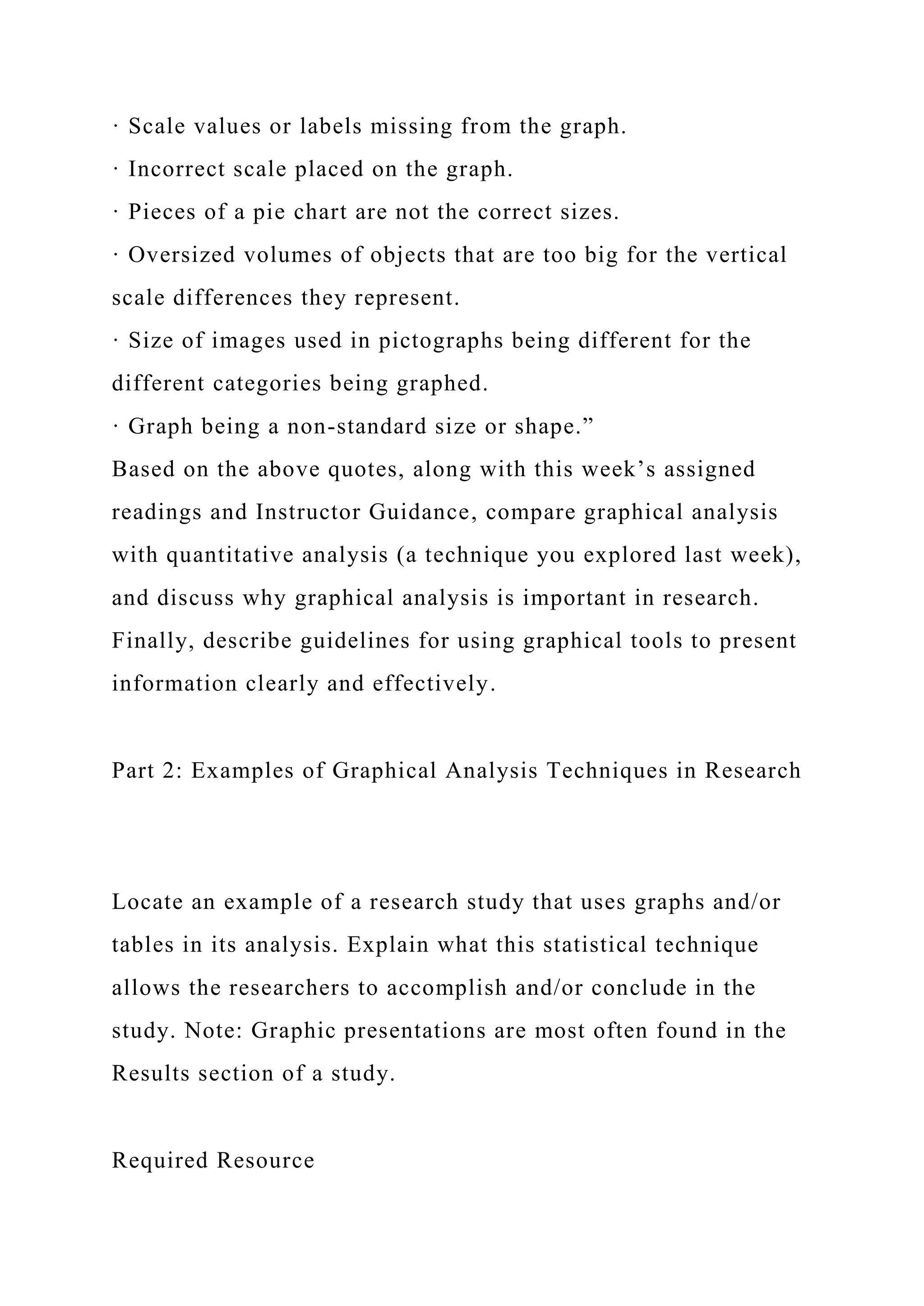 · Scale values or labels missing from the graph.
· Incorrect scale placed on the graph.
· Pieces of a pie chart are not the correct sizes.
· Oversized volumes of objects that are too big for the vertical
scale differences they represent.
· Size of images used in pictographs being different for the
different categories being graphed.
· Graph being a non-standard size or shape.”
Based on the above quotes, along with this week’s assigned
readings and Instructor Guidance, compare graphical analysis
with quantitative analysis (a technique you explored last week),
and discuss why graphical analysis is important in research.
Finally, describe guidelines for using graphical tools to present
information clearly and effectively.
Part 2: Examples of Graphical Analysis Techniques in Research
Locate an example of a research study that uses graphs and/or
tables in its analysis. Explain what this statistical technique
allows the researchers to accomplish and/or conclude in the
study. Note: Graphic presentations are most often found in the
Results section of a study.
Required Resource
 