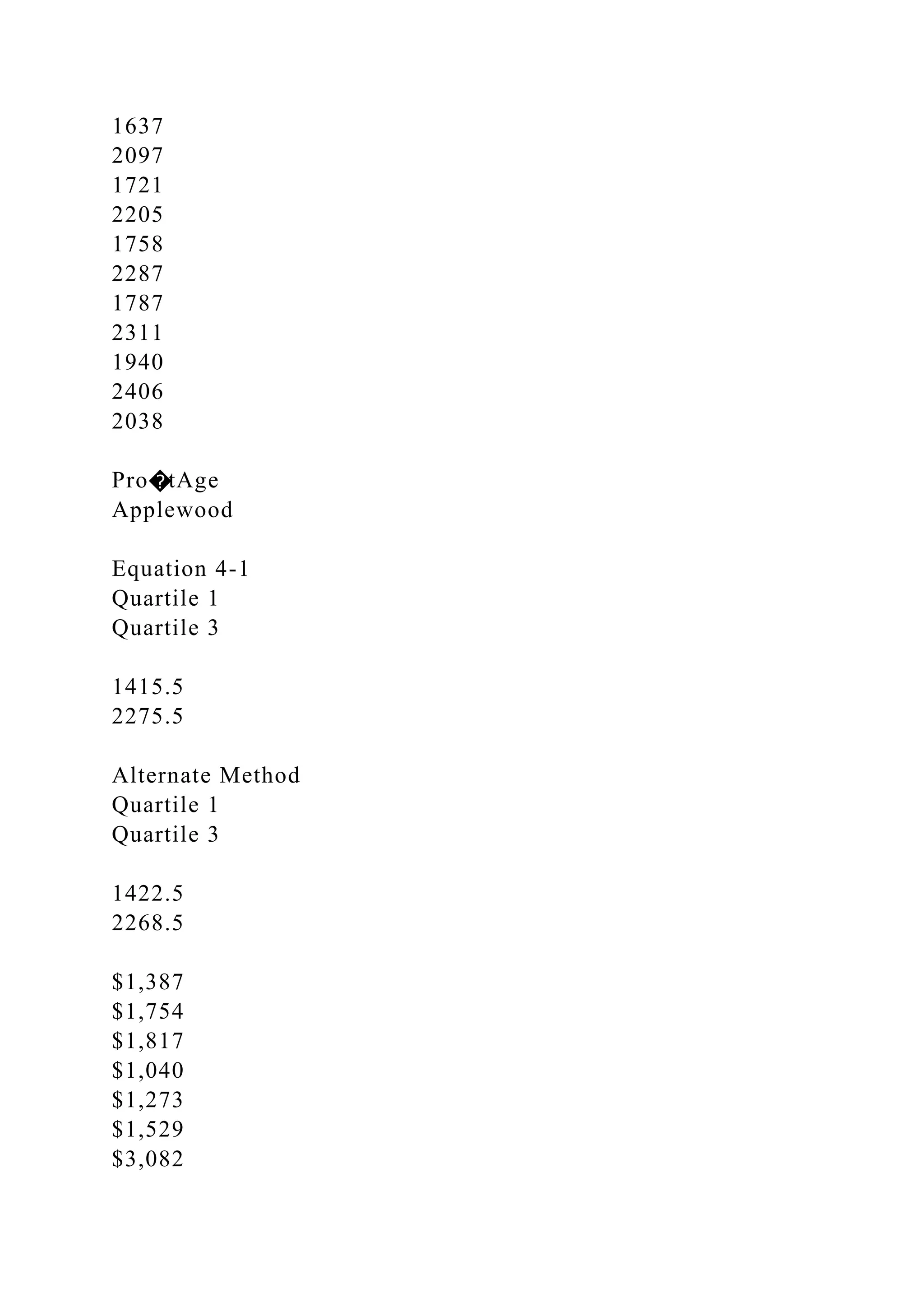 1637
2097
1721
2205
1758
2287
1787
2311
1940
2406
2038
Pro�tAge
Applewood
Equation 4-1
Quartile 1
Quartile 3
1415.5
2275.5
Alternate Method
Quartile 1
Quartile 3
1422.5
2268.5
$1,387
$1,754
$1,817
$1,040
$1,273
$1,529
$3,082
 