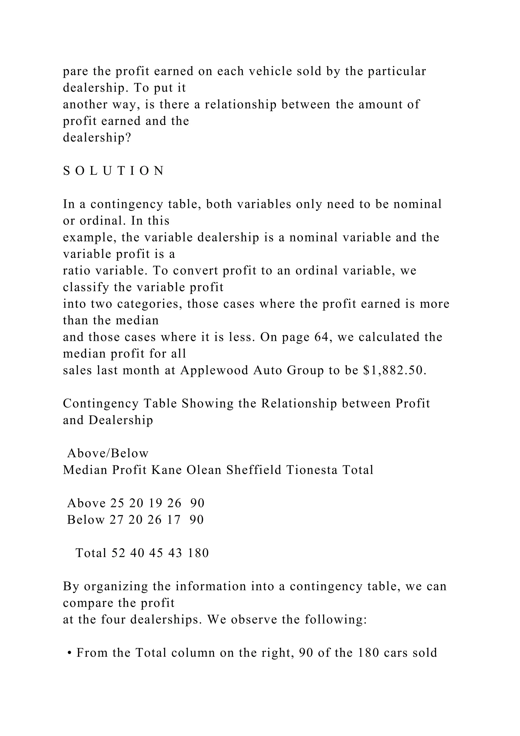 pare the profit earned on each vehicle sold by the particular
dealership. To put it
another way, is there a relationship between the amount of
profit earned and the
dealership?
S O L U T I O N
In a contingency table, both variables only need to be nominal
or ordinal. In this
example, the variable dealership is a nominal variable and the
variable profit is a
ratio variable. To convert profit to an ordinal variable, we
classify the variable profit
into two categories, those cases where the profit earned is more
than the median
and those cases where it is less. On page 64, we calculated the
median profit for all
sales last month at Applewood Auto Group to be $1,882.50.
Contingency Table Showing the Relationship between Profit
and Dealership
Above/Below
Median Profit Kane Olean Sheffield Tionesta Total
Above 25 20 19 26 90
Below 27 20 26 17 90
Total 52 40 45 43 180
By organizing the information into a contingency table, we can
compare the profit
at the four dealerships. We observe the following:
• From the Total column on the right, 90 of the 180 cars sold
 