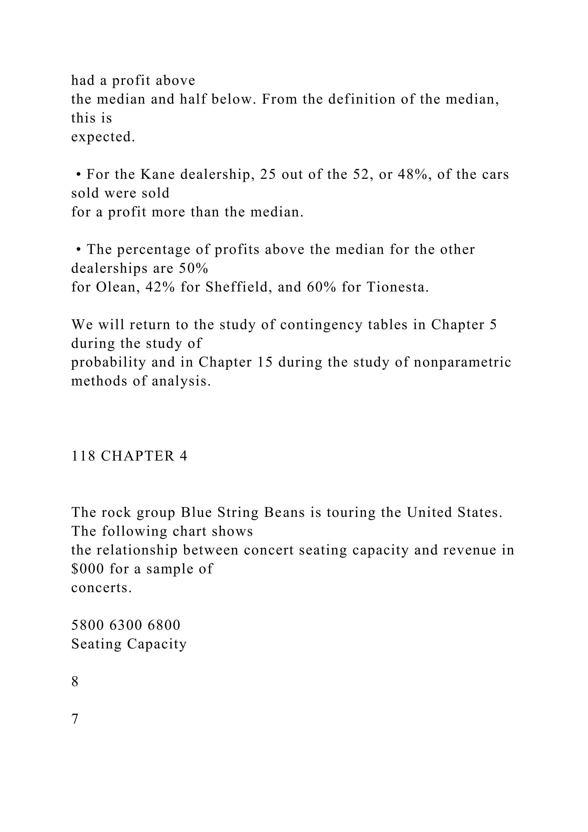 had a profit above
the median and half below. From the definition of the median,
this is
expected.
• For the Kane dealership, 25 out of the 52, or 48%, of the cars
sold were sold
for a profit more than the median.
• The percentage of profits above the median for the other
dealerships are 50%
for Olean, 42% for Sheffield, and 60% for Tionesta.
We will return to the study of contingency tables in Chapter 5
during the study of
probability and in Chapter 15 during the study of nonparametric
methods of analysis.
118 CHAPTER 4
The rock group Blue String Beans is touring the United States.
The following chart shows
the relationship between concert seating capacity and revenue in
$000 for a sample of
concerts.
5800 6300 6800
Seating Capacity
8
7
 