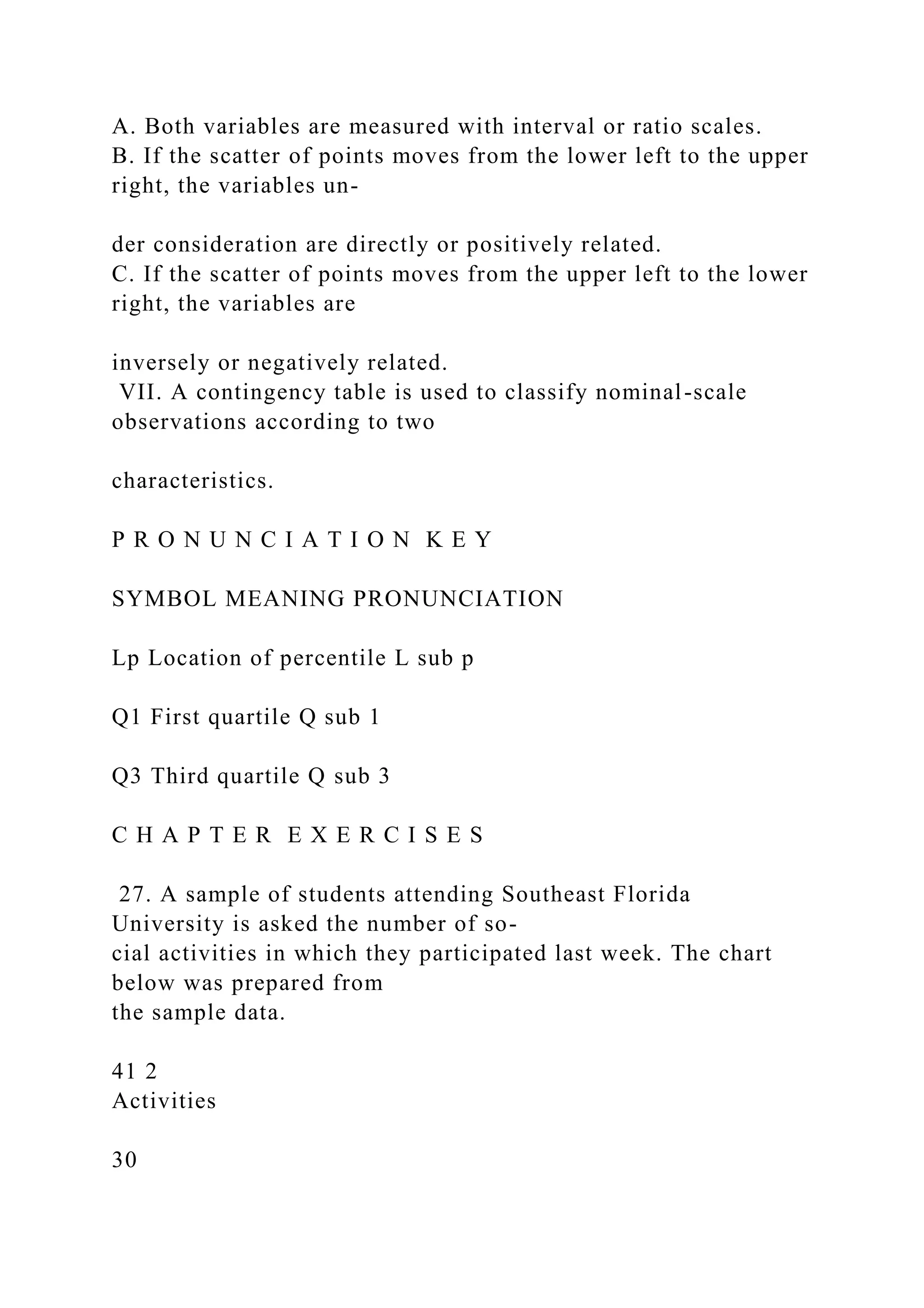 A. Both variables are measured with interval or ratio scales.
B. If the scatter of points moves from the lower left to the upper
right, the variables un-
der consideration are directly or positively related.
C. If the scatter of points moves from the upper left to the lower
right, the variables are
inversely or negatively related.
VII. A contingency table is used to classify nominal-scale
observations according to two
characteristics.
P R O N U N C I A T I O N K E Y
SYMBOL MEANING PRONUNCIATION
Lp Location of percentile L sub p
Q1 First quartile Q sub 1
Q3 Third quartile Q sub 3
C H A P T E R E X E R C I S E S
27. A sample of students attending Southeast Florida
University is asked the number of so-
cial activities in which they participated last week. The chart
below was prepared from
the sample data.
41 2
Activities
30
 