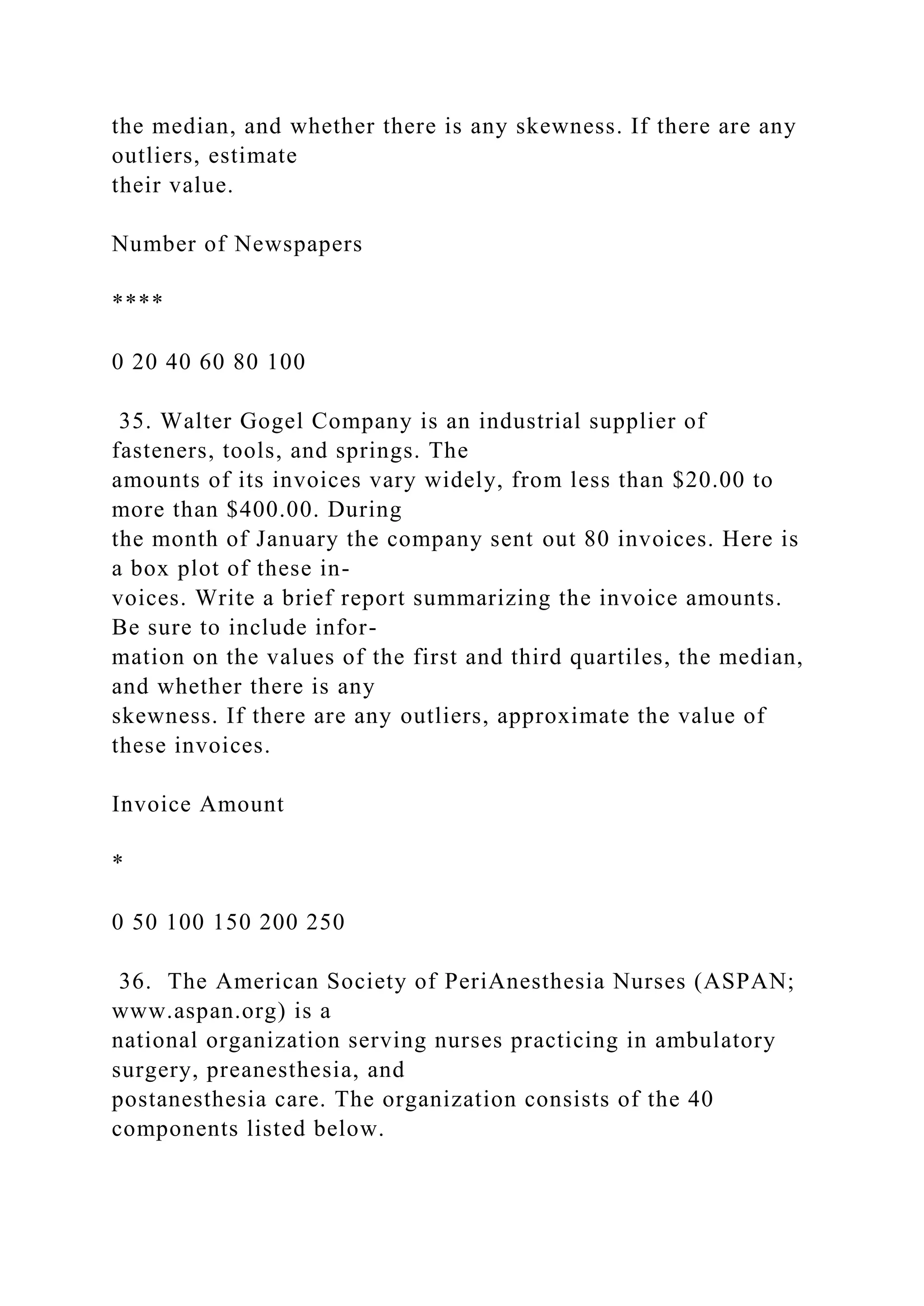 the median, and whether there is any skewness. If there are any
outliers, estimate
their value.
Number of Newspapers
****
0 20 40 60 80 100
35. Walter Gogel Company is an industrial supplier of
fasteners, tools, and springs. The
amounts of its invoices vary widely, from less than $20.00 to
more than $400.00. During
the month of January the company sent out 80 invoices. Here is
a box plot of these in-
voices. Write a brief report summarizing the invoice amounts.
Be sure to include infor-
mation on the values of the first and third quartiles, the median,
and whether there is any
skewness. If there are any outliers, approximate the value of
these invoices.
Invoice Amount
*
0 50 100 150 200 250
36. The American Society of PeriAnesthesia Nurses (ASPAN;
www.aspan.org) is a
national organization serving nurses practicing in ambulatory
surgery, preanesthesia, and
postanesthesia care. The organization consists of the 40
components listed below.
 