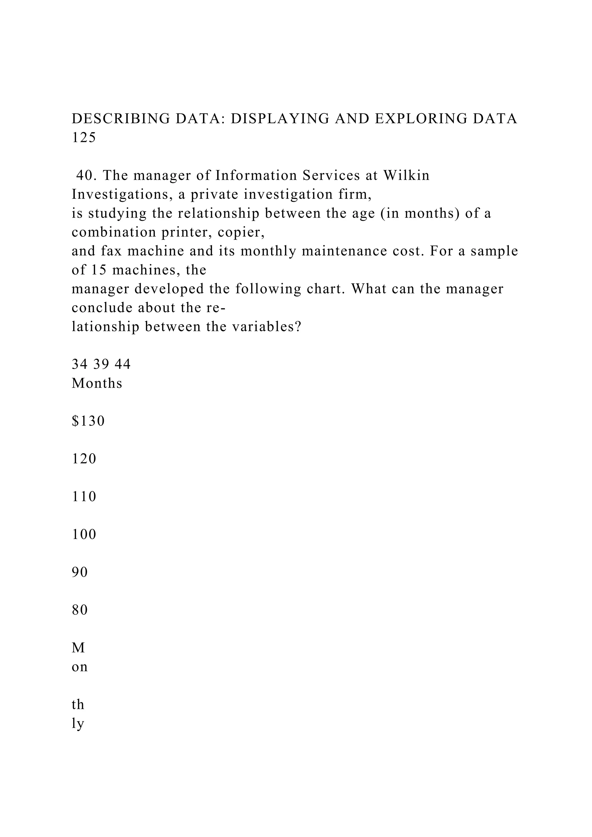 DESCRIBING DATA: DISPLAYING AND EXPLORING DATA
125
40. The manager of Information Services at Wilkin
Investigations, a private investigation firm,
is studying the relationship between the age (in months) of a
combination printer, copier,
and fax machine and its monthly maintenance cost. For a sample
of 15 machines, the
manager developed the following chart. What can the manager
conclude about the re-
lationship between the variables?
34 39 44
Months
$130
120
110
100
90
80
M
on
th
ly
 