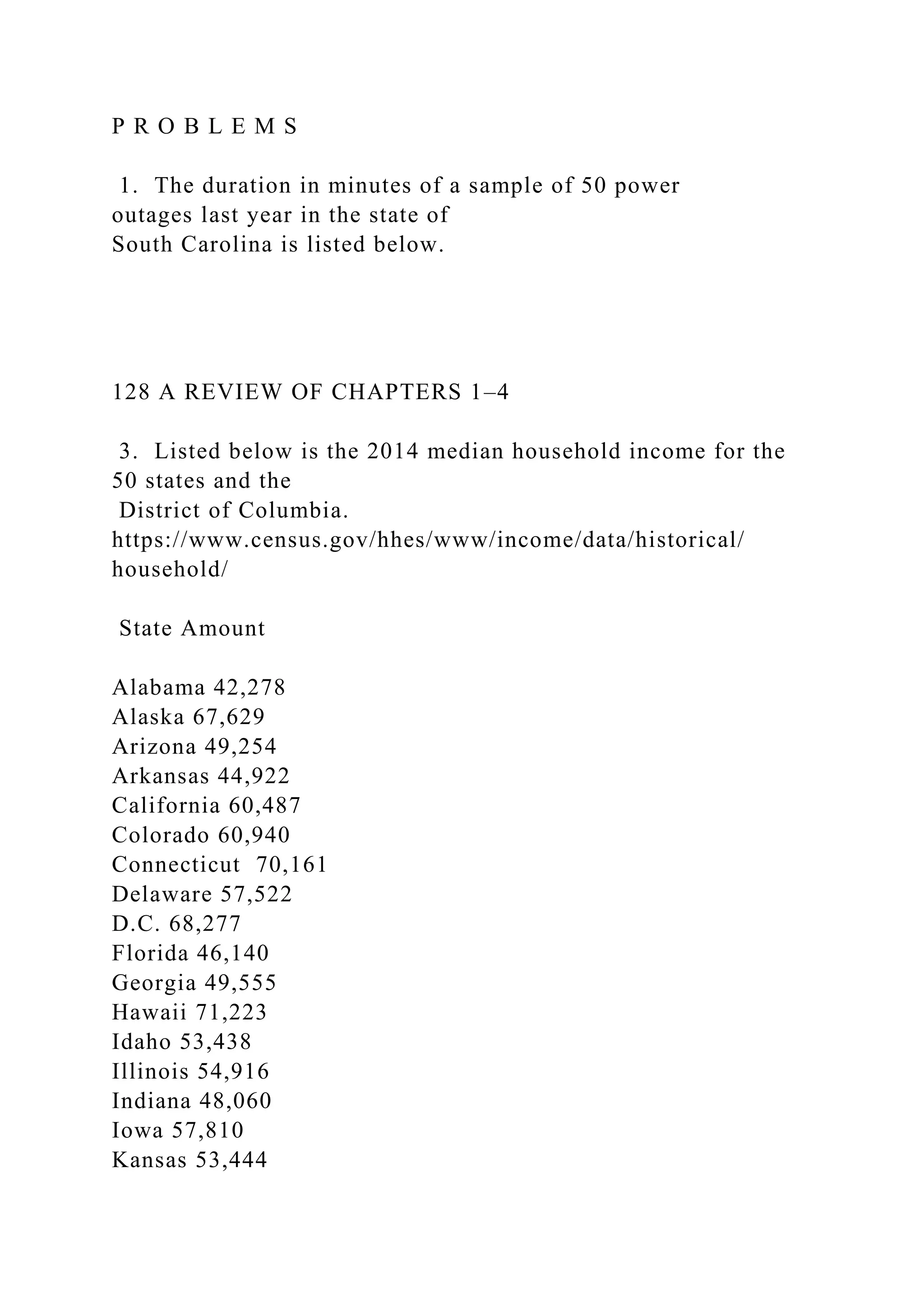 P R O B L E M S
1. The duration in minutes of a sample of 50 power
outages last year in the state of
South Carolina is listed below.
128 A REVIEW OF CHAPTERS 1–4
3. Listed below is the 2014 median household income for the
50 states and the
District of Columbia.
https://www.census.gov/hhes/www/income/data/historical/
household/
State Amount
Alabama 42,278
Alaska 67,629
Arizona 49,254
Arkansas 44,922
California 60,487
Colorado 60,940
Connecticut 70,161
Delaware 57,522
D.C. 68,277
Florida 46,140
Georgia 49,555
Hawaii 71,223
Idaho 53,438
Illinois 54,916
Indiana 48,060
Iowa 57,810
Kansas 53,444
 