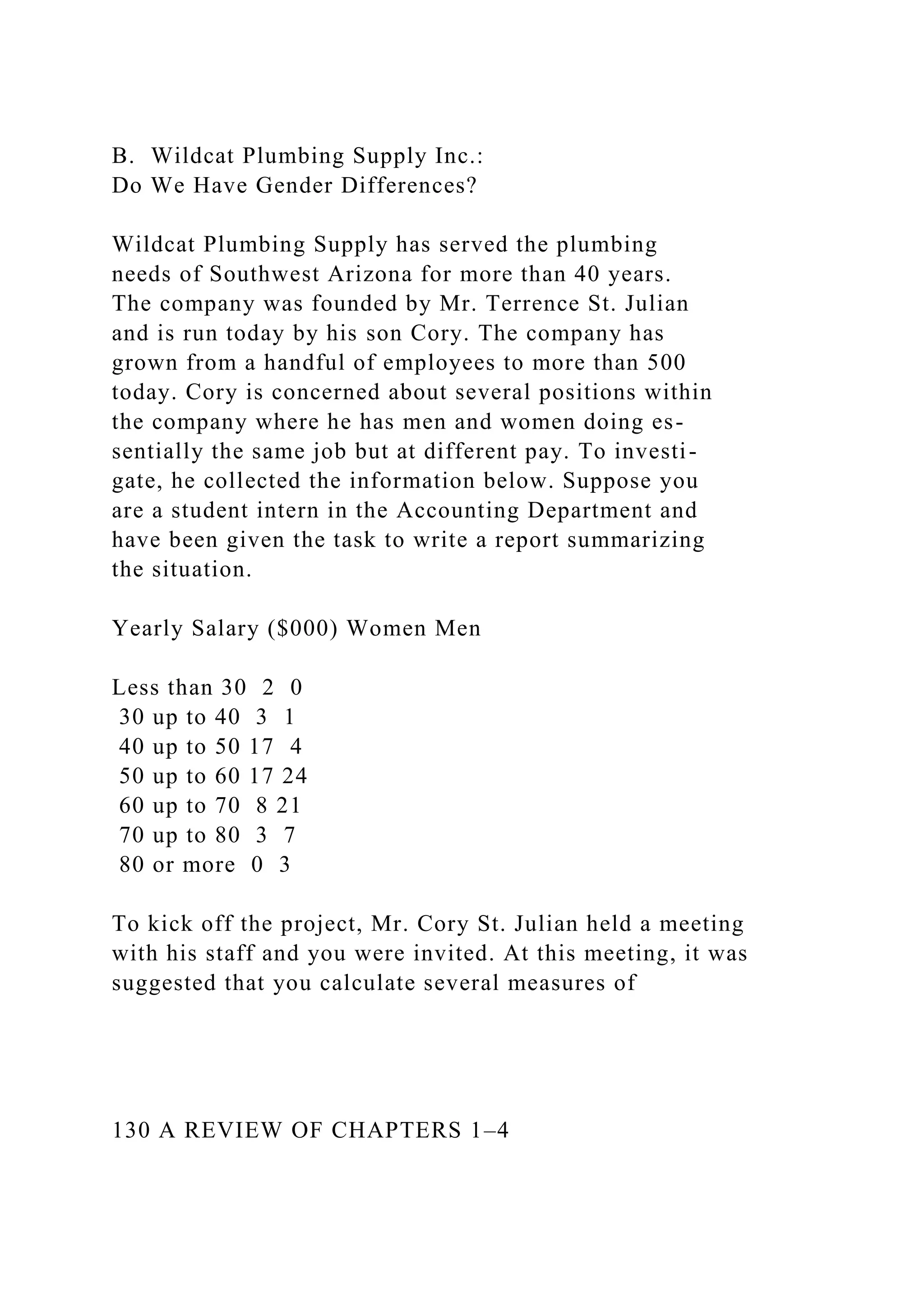 B. Wildcat Plumbing Supply Inc.:
Do We Have Gender Differences?
Wildcat Plumbing Supply has served the plumbing
needs of Southwest Arizona for more than 40 years.
The company was founded by Mr. Terrence St. Julian
and is run today by his son Cory. The company has
grown from a handful of employees to more than 500
today. Cory is concerned about several positions within
the company where he has men and women doing es-
sentially the same job but at different pay. To investi-
gate, he collected the information below. Suppose you
are a student intern in the Accounting Department and
have been given the task to write a report summarizing
the situation.
Yearly Salary ($000) Women Men
Less than 30 2 0
30 up to 40 3 1
40 up to 50 17 4
50 up to 60 17 24
60 up to 70 8 21
70 up to 80 3 7
80 or more 0 3
To kick off the project, Mr. Cory St. Julian held a meeting
with his staff and you were invited. At this meeting, it was
suggested that you calculate several measures of
130 A REVIEW OF CHAPTERS 1–4
 