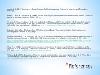 *
Laurillard, D. 2012. Teaching as a Design Science: Building Pedagogical Patterns for Learning and Technology.
Routledge.
Moisey, S., Ally, M., & Spencer, R. (2006). Factors affecting the development and use of learning objects. American
Journal of Distance Education, 20 (3), 143-161.
Petrie, K.B., Sloan, D., Lauke, P., Brown, S., Ball, S. and Seale, J. (2007). Accessibility 2.0: People, Policies and
Processes. In: Proceedings of the 2007 International Cross-disciplinary Conference on Web Accessibility (WRA).,
2007-05-01. Retrieved August 21, 2015 from: http://www.w4a.info/2007/prog/15-kelly.pdf
Reigeluth, C.M. & Carr-Chellman, A.A. 2009. Instructional Design Theories and Models: Building a Common
Knowledge Base: Volume III. Routledge.
Scudelari de Macedo, C.M., Ulbricht, V.R. (2012). Accessibility guidelines for the development of Learning Objects.
Procedia Computer Science 14 (2012) 155 – 162. Sciverse Science Direct. Retrieved November 2, 2015 from:
http://ac.els-cdn.com/S1877050912007806/1-s2.0-S1877050912007806-main.pdf?_tid=cb444e3c-8a8f-11e5-b788-
00000aab0f01&acdnat=1447478770_f5111f3c8f88cf68f7186a8d8f004cff
Wiley, D. A. (2000). Connecting learning objects to instructional design theory: A definition, a metaphor, and a
taxonomy. In D. A. Wiley (Ed.), The Instructional Use of Learning Objects: Online Version. Retrieved November 2,
2015 from : http://reusability.org/read/chapters/wiley.doc
Williams, D. D. (2000). Evaluation of learning objects and instruction using learning objects. In D. A. Wiley (Ed.),
The Instructional Use of Learning Objects: Online Version. Retrieved November 2, 2015 from:
http://reusability.org/read/chapters/williams.do
 